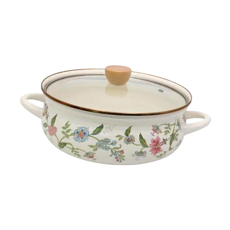 ホーロー ストックポット 蓋付き ヴィンテージ ハンドル付き 食品用 パスタポット スープ クッキング 花