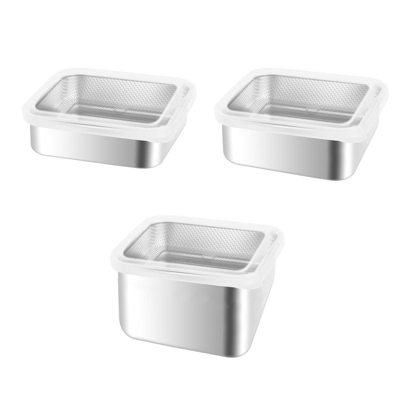 ステンレススチール製フードコンテナ(ストレーナー付き)食品保存ボックス(透明蓋付き)フルーツ.サラダ...