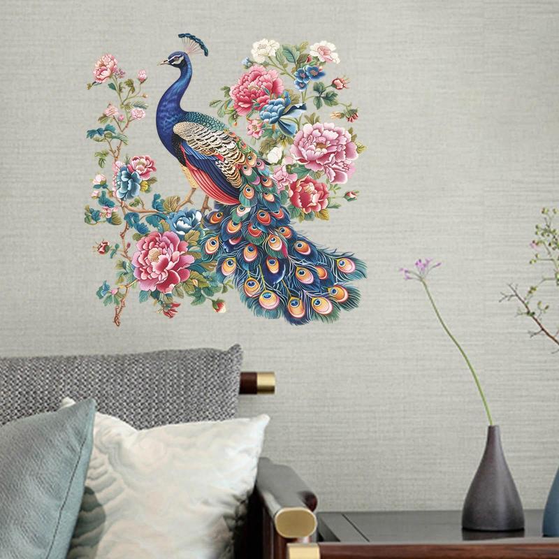 孔雀牡丹のウォールステッカーDIY 剥がして貼るだけ 寝室 テレビ背景 ソファ用