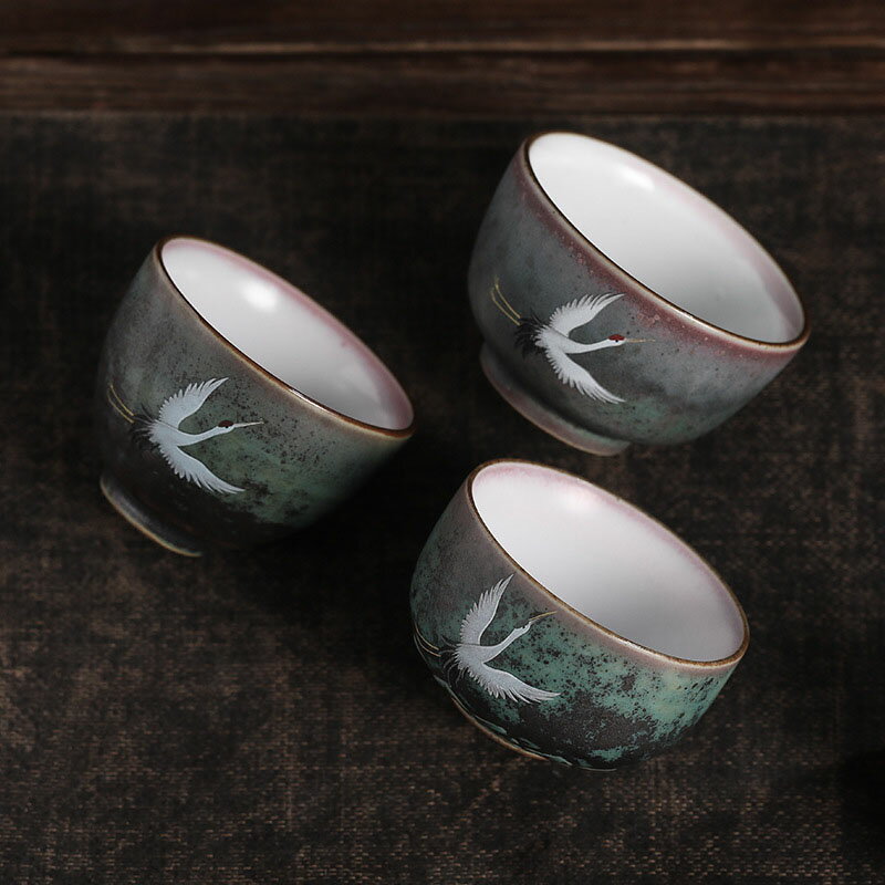 【送料無料】 人気 一ヶ湯呑 手作り粗陶 窯変レトロ聞香杯 ターカップ 茶器 瑞鶴呈祥鶴茶碗