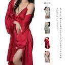 【送料無料】長袖 シルク風 部屋着 ネグリジェ 長袖 レース レディース セクシー ルームウェア 【ガウン&スリープセット】