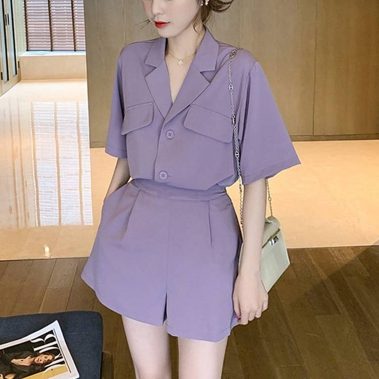 【送料無料】おしゃれ きれいめ かわいい 大人 秋 夏 無地 襟付き Vネック 半袖 上下 2点セット ショートパンツ シャツ レディース