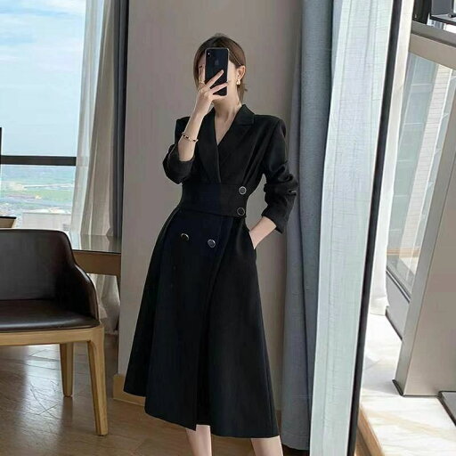 【送料無料】秋冬新作婦人服フレンチレストスーツワンピース女性ゆったりとした肌触りの黒いスカートの襟スカート 【送料無料】秋冬新作婦人服フレンチレストスーツワンピース女性ゆったりとした肌触りの黒いスカートの襟スカート