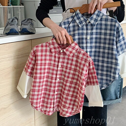 子供の春のシャツ2025ファッションの格子の子供服の服の男の子の韓国版の純綿の偽の2つの襟のシャツの潮 子供の春のシャツ2025ファッションの格子の子供服の服の男の子の韓国版の純綿の偽の2つの襟のシャツの潮