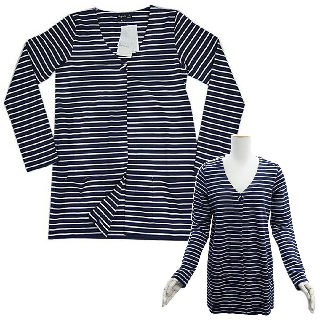 新品 アニエスベー カットソー レディース ジャケット 羽織り Vネック 長袖 ボーダー ネイビー ホワイト 紺 Sサイズ 27075