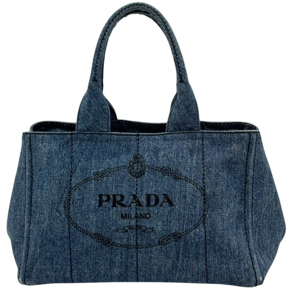中古 極美品 プラダ バッグ PRADA カナパ M CANAPA ハンドバッグ トートバッグ キャンバス デニム ミディアムサイズ ロゴ ブルー レディースのサムネイル