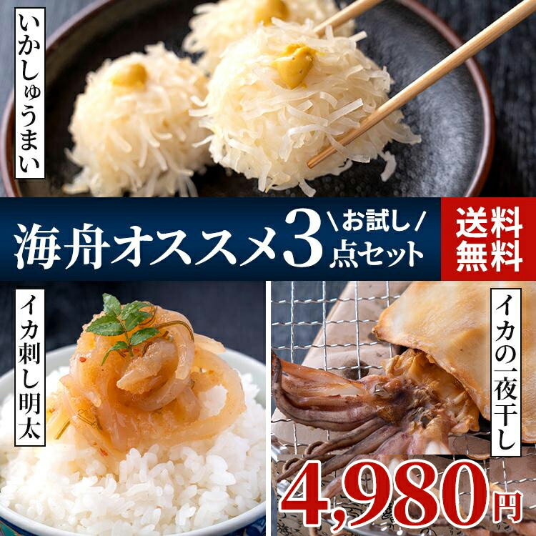 【送料無料】呼子 いかしゅうまい いか刺し明太 一夜干し 海舟のお試し3点宅飲みセット　いかしゅうまい　イカしゅうまい　一夜干し　いかの一夜干し　明太子　いか刺し　明太子　海鮮　父の日　おうち居酒屋　ギフト　贈答　贈物　プレゼント　父の日　母の日　敬老の日
