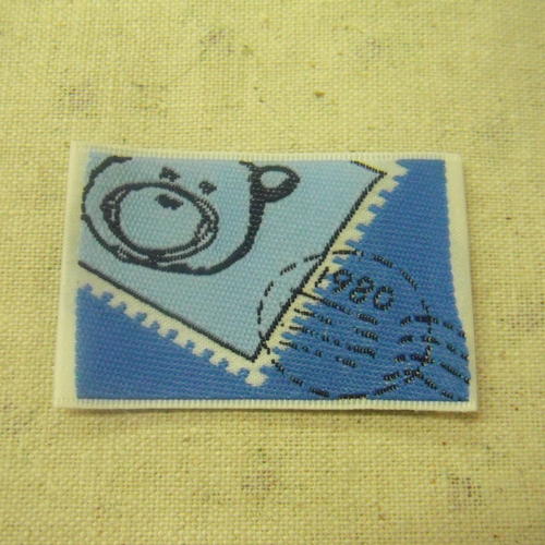 織ネーム　くま切手（青）　縫い付