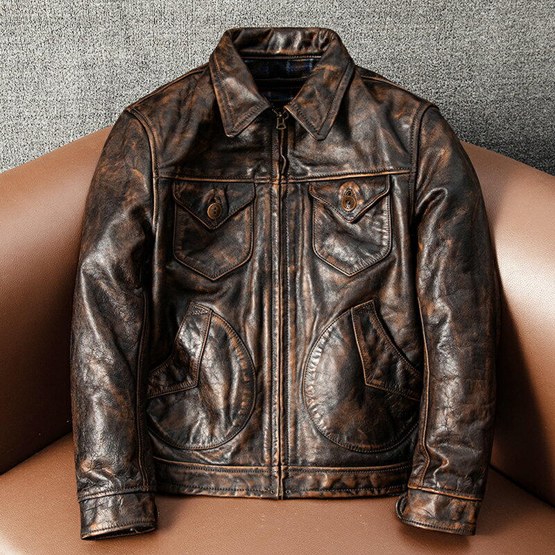 Rakuten - アメカジ　レザージャケット 上品　本革 高級　牛革　ユーズド加工　バイクジャケット 革ジャン M～5XL　秋冬　ブラウン