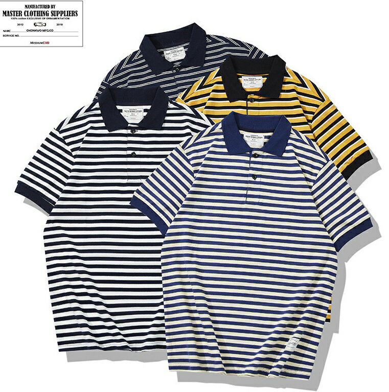 Rakuten - 春夏 OKONKWO新作コットンメンズTシャツ　アメカジ　ストライプ柄　ポロシャツ　POLO TEE　半袖 Tシャツ