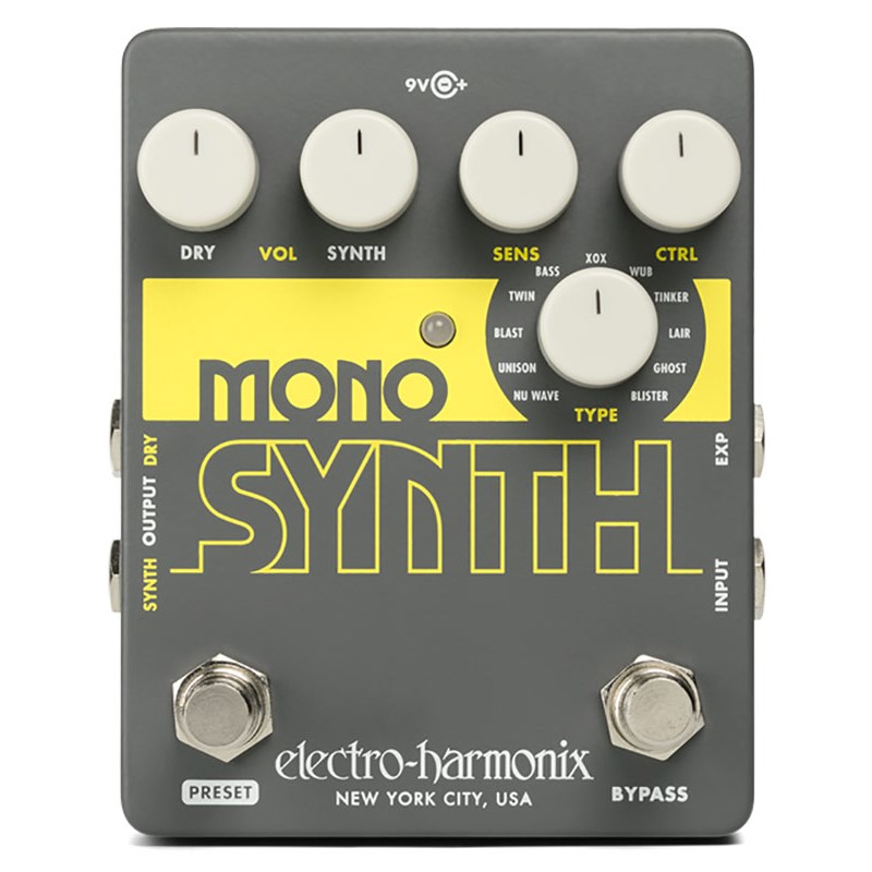 electro-harmonix Mono Synth はギターサウンドをヴィンテージシンセのエミュレーションから音声を積み重ねた急上昇するリードサウンドなど、11タイプの素晴らしいシンセサウンドに変身させます。Mono Synthは様々な改造や特別なピックアップ、またはMIDIを使用することなく動作するようにデザインされています。使いやすく、コントロールしやすい直感的なレイアウトはクールなサウンドを素早く作り出します。DRYコントロールはSYNTH OUTPUTから出力されるギターのそのままのサウンドのボリュームを調整し、SYNTHコントロールはSYNTH OUTPUTから出力されるシンセサウンドのボリュームをコントロールします。組み合わせて使用することで、適切なミックスが行えます。SENSコントロールは演奏の強弱をトリガーにシンセサイザーサウンドが立ち上がるまでの反応を調整し、使用するベースやプレイスタイルの反応によって微調整できます。CTRLノブは11のシンセタイプそれぞれのキーとなるパラメーターの調整を行います。プリセットによって異なり、サウンドをカスタマイズするための微調整が可能です。また、EXPインプットは全く異なるパラメーターをエクスプレッション・ペダルによりリアルタイムでコントロールが可能です。PRESETフットスイッチでカスタマイズした11タイプのシンセサウンド・プリセットの保存と呼び出しが行えます。ファクトリー・プリセットは常時復元が可能です。Mono Synthは豊かで暖かみのあるサウンドからシャープで突き刺さるようなパーカッシブ・サウンドまで、クールなベースシンセ・コレクションをあなたの指先に提供します。■DRYコントロール： SYNTH OUTPUTから出力される原音のボリュームをコントロールします。■SYNTHコントロール： SYNTH OUTPUTから出力されるシンセサイザーサウンドのボリュームをコントロールします。DRYコントロールと同時に使用することでミックス・コントロールと同じような効果になります。■SENSコントロール： 演奏の強弱をトリガーにシンセサイザーサウンドが立ち上がるまでの反応を調整し、使用するベースやプレイスタイルの反応によって微調整できます。■CTRLノブ： 11のシンセタイプそれぞれのキーとなるパラメーターの調整を行います。効果はプリセットによって異なり、サウンドをカスタマイズするための微調整が可能です。■EXPインプット： 全く異なるパラメーターをエクスプレッション・ペダルによりリアルタイムでコントロールが可能です。■PRESETフットスイッチ： カスタマイズした11タイプのシンセサウンド・プリセットの保存と呼び出しが行えます。ファクトリー・プリセットは常時復元が可能です。・11タイプのモノラル・シンセサウンド・望んだサウンドに素早く調整できる直感的なコントロール・エクスプレッション・ペダルを使用して足元でリアルタイムでコントロール・11タイプのシンセサウンドをカスタマイズ、セーブ、リコールが可能なプリセット機能・専用アダプター（EHX JP9.6DC-200）付属イケベカテゴリ_エフェクター_コンパクトエフェクター_Electro Harmonix_新品 JAN:0683274012131 登録日:2019/03/19 エフェクター コンパクトエフェクター ストンプボックス エレハモ エレクトロハーモニクス エレクトロハーモニックス