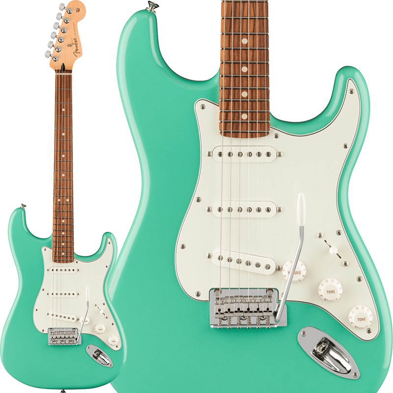 Fender Player SeriesStratocasterの印象的なサウンドは、フェンダーサウンドの基礎になっています。鳴りの良いハイエンド、パンチの効いたミッド、力強いローエンドと言ったクラシックなサウンドに、歯切れの良いクリアなトーン。Player Stratocasterは、フェンダーならではのフィーリングとスタイルを持つギターです。あらゆるスタイルに対応し、どんな音楽的ビジョンも叶えてくれるPlayer Stratocasterは、オリジナルなサウンドを作り出すためのパーフェクトなプラットフォームと言えます。※画像はサンプルです。製品の特性上、杢目、色合いは一本一本異なります。Body Material: AlderBody Finish: Gloss PolyesterNeck: Maple， Modern CNeck Finish:Satin Urethane Finish on Back of Neck with Gloss Urethane Headstock FaceFingerboard: Pau Ferro， 9.5 (241 mm)Frets: 22， Medium JumboPosition Inlays: White DotNut (Material/Width): Synthetic Bone， 1.650 (42 mm)Tuning Machines: Standard Cast/SealedScale Length: 25.5 (64.77 cm)Bridge: 2-Point Synchronized Tremolo with Bent Steel SaddlesPickguard: 3-Ply ParchmentPickups:Player Series Alnico 5 Strat Single-Coil (Bridge)Player Series Alnico 5 Strat Single-Coil (Middle)Player Series Alnico 5 Strat Single-Coil (Neck)Pickup Switching: 5-Position Blade:Position 1. Bridge PickupPosition 2. Bridge and Middle PickupPosition 3. Middle PickupPosition 4. Middle and Neck PickupPosition 5. Neck PickupControls: Master Volume， Tone 1. (Neck/Middle Pickups)， Tone 2. (Bridge Pickup)Control Knobs: Parchment PlasticHardware Finish: Nickel/ChromeStrings: Fender USA 250L Nickel Plated Steel (.009-.042 Gauges)ソフトケース付属イケベカテゴリ_ギター_エレキギター_Fender MEX_Player_新品 JAN:0717669636821 登録日:2023/05/24 エレキギター フェンダー ふぇんだー フェンダーMEX フェンダーメキシコ