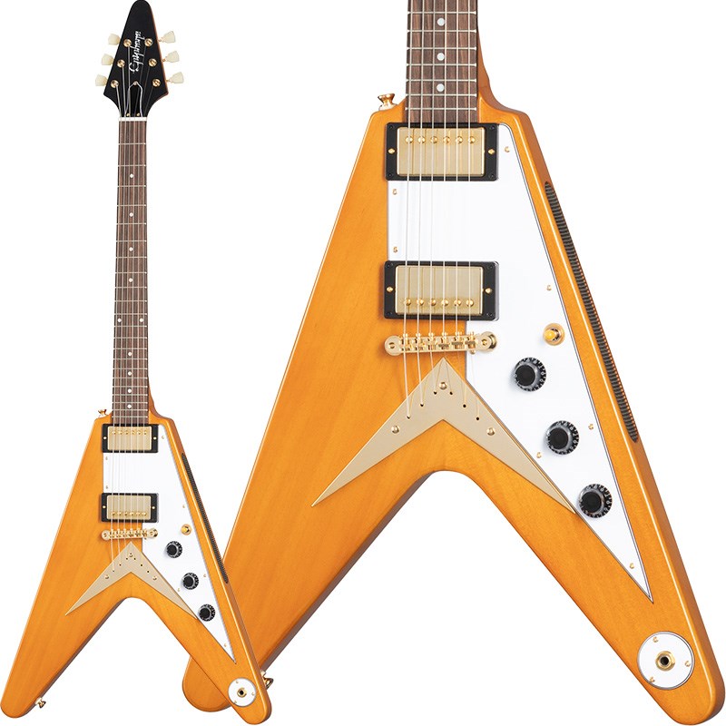 Epiphone 1958 Korina Flying Vエピフォンはギブソン・カスタムショップと緊密に連携し、最も有名で価値あるヴィンテージギターと称される1958 Flying Vをベースとした復刻モデルを限定リリースします。本リリースにより、全世界のギタリストに向け、1958 Flying Vの本物のディテールがたいへんお求めやすい価格で提供されることとなります。1958年当時の超レアなギブソン・オリジナルモデルと同様に、コリーナ・ボディとコリーナ・ネック、ボディとネックの強固な接合を実現するロング・ネックテノン、1958フライングVネック・プロファイル等、特徴的な仕様が網羅されています。また、指板はインディアン・ローレル材、ハードウェアにはゴールドパーツが採用されています。エレクトロニクスについても最上のパーツが採用され、ピックアップにはGibson Burstbucker 2とBurstbucker 3がマウントされ、2ボリューム/ 1マスタートーン仕様となります。CTSポットとマロリー・コンデンサー、Switchcraft製の3ウェイ・ピックアップ・セレクタースイッチと1/4インチ・アウトプットジャックを装備。ヘッドストック裏にはEpiphone x Gibson Customロゴがあしらわれており、ハードシェル・ケースが付属されています。※画像はサンプルです。製品の特性上、杢目、色合は個体ごとに異なります。【SPEC】BodyShape：Flying VMaterial：KorinaNeckNeck：KorinaProfile：1958 Flying VNut width：1.693 / 43mmFingerboard：Indian LaurelScale length：24.75 / 628.65mmNumber of frets：22Nut：Graph TechInlay：DotHardwareBridge：ABR-1Tailpiece：Gold Plated Brass Flying V String PlateKnobs：Black Top Hat with Nickel Dial PointersTuners：Epiphone DeluxePlating：GoldElectronicsNeck pickup：Burstbucker 2Bridge pickup：Burstbucker 3Controls：2 Volume， Master Tone; CTS Potentiometers， Mallory Capacitorハードケース付属イケベカテゴリ_ギター_エレキギター_Epiphone_デザイナー_新品 JAN:4580568430786 登録日:2023/02/27 エレキギター エピフォン 変形