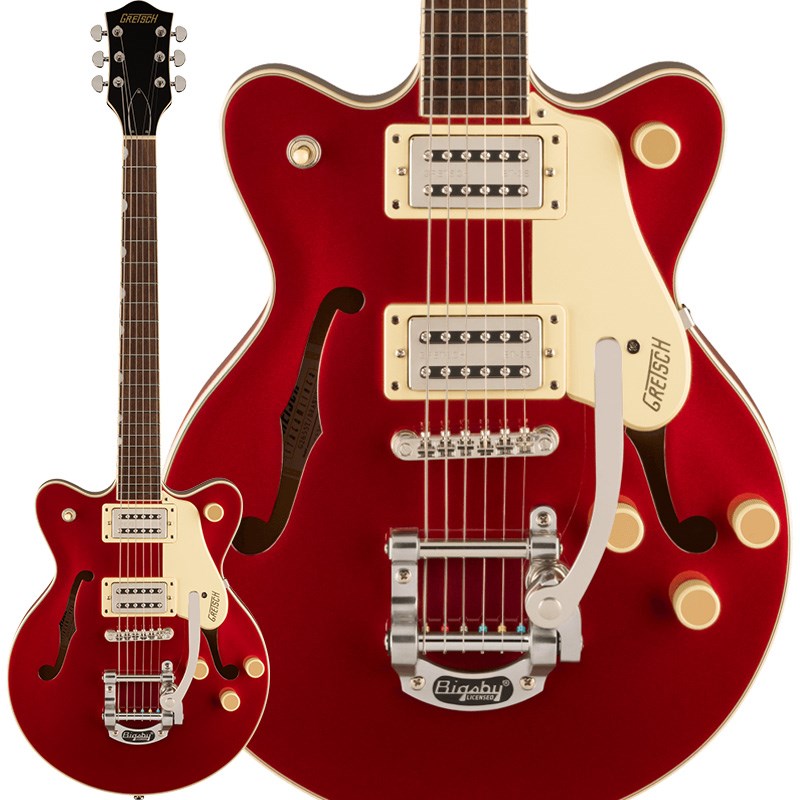 リフレッシュされたStreamliner Collectionは、Gretschギターの輝かしい過去の要素を再訪し、エキサイティングな新機能と組み合わせることで、優れたパフォーマンス、サウンド、スタイルを驚くべき価値で提供します。G2655T Streamliner Center Block Jr. Double-Cut with Bigsbyは、パワフルなサウンドとGretschならではのスタイリングをよりコンパクトなサイズに収め、現代に甦らせました。G2655Tは、グレッチに期待されるすべての要素を保ちつつ、楽器にワンランク上のパフォーマンス、スタイル、そしてより大きな音量感を求めるギタリストのために設計されています。・新開発のBroad'Tron BT-3Sハムバッカーを搭載・ダブルカッタウェイのアーチドメイプルボディにチェンバードセンターブロックを採用・Soft Cシェイプのナトーネック・12インチラジアスローレル指板、パーロイドNeo Classicサムネイルインレイ、22本のミディアムジャンボフレットを採用・ボーンナット・マスターボリューム、マスタートーン、各ピックアップのボリュームコントロールにより、柔軟なトーン設計が可能・マスターボリュームにPush/Pullコイルスプリット機能を内蔵・ラジオコントロールノブ・アンカー付きAdjusto-Maticブリッジ・Bigsby B50ヴィブラートテイルピース・1-plyクリームピックガード・ニッケルハードウェア※画像はサンプルの為、木目、色味は一本毎に異なります。NeckFingerboard Material：LaurelFingerboard Radius：12 (305 mm)Neck Construction：Set-NeckNeck Finish：GlossNeck Material：NatoNumber of Frets：22Nut Material：BoneNut Width：1.6875 (42.86 mm)Position Inlays：Pearloid Neo-Classic ThumbnailBodyBody Finish：GlossBody Material：Arched Laminated MapleBody Shape：Streamliner Center Block Jr.HardwareBridge：Adjusto-MaticControl Knobs：Gretsch Radio KnobHardware Finish：NickelPickup Covers：NickelStrap Buttons：Standard Strap ButtonStrings：Nickel Plated Steel (.010-.046 Gauges)Switch Tip：CreamTuning Machines：Die-Cast SealedElectronicsBridge Pickup：Broad'Tron BT-3SControls：Volume 1. (Neck Pickup)， Volume 2. (Bridge Pickup)， Master Tone， Master Volume with Push/Pull for Coil SplitNeck Pickup：Broad'Tron BT-3SPickup Switching：3-Position Toggle: Position 1. Bridge Pickup， Position 2. Bridge And Neck Pickups， Position 3. Neck Pickupギグバッグ付きイケベカテゴリ_ギター_エレキギター_GRETSCH_Streamliner_新品 JAN:0717669924553 登録日:2023/08/13 エレキギター グレッチ ストリームライナー