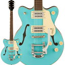 リフレッシュされたStreamliner Collectionは、Gretschギターの輝かしい過去の要素を再訪し、エキサイティングな新機能と組み合わせることで、優れたパフォーマンス、サウンド、スタイルを驚くべき価値で提供します。G2655T Streamliner Center Block Jr. Double-Cut with Bigsbyは、パワフルなサウンドとGretschならではのスタイリングをよりコンパクトなサイズに収め、現代に甦らせました。G2655Tは、グレッチに期待されるすべての要素を保ちつつ、楽器にワンランク上のパフォーマンス、スタイル、そしてより大きな音量感を求めるギタリストのために設計されています。・新開発のBroad'Tron BT-3Sハムバッカーを搭載・ダブルカッタウェイのアーチドメイプルボディにチェンバードセンターブロックを採用・Soft Cシェイプのナトーネック・12インチラジアスローレル指板、パーロイドNeo Classicサムネイルインレイ、22本のミディアムジャンボフレットを採用・ボーンナット・マスターボリューム、マスタートーン、各ピックアップのボリュームコントロールにより、柔軟なトーン設計が可能・マスターボリュームにPush/Pullコイルスプリット機能を内蔵・ラジオコントロールノブ・アンカー付きAdjusto-Maticブリッジ・Bigsby B50ヴィブラートテイルピース・1-plyクリームピックガード・ニッケルハードウェア※画像はサンプルの為、木目、色味は一本毎に異なります。NeckFingerboard Material：LaurelFingerboard Radius：12 (305 mm)Neck Construction：Set-NeckNeck Finish：GlossNeck Material：NatoNumber of Frets：22Nut Material：BoneNut Width：1.6875 (42.86 mm)Position Inlays：Pearloid Neo-Classic ThumbnailBodyBody Finish：GlossBody Material：Arched Laminated MapleBody Shape：Streamliner Center Block Jr.HardwareBridge：Adjusto-MaticControl Knobs：Gretsch Radio KnobHardware Finish：NickelPickup Covers：NickelStrap Buttons：Standard Strap ButtonStrings：Nickel Plated Steel (.010-.046 Gauges)Switch Tip：CreamTuning Machines：Die-Cast SealedElectronicsBridge Pickup：Broad'Tron BT-3SControls：Volume 1. (Neck Pickup)， Volume 2. (Bridge Pickup)， Master Tone， Master Volume with Push/Pull for Coil SplitNeck Pickup：Broad'Tron BT-3SPickup Switching：3-Position Toggle: Position 1. Bridge Pickup， Position 2. Bridge And Neck Pickups， Position 3. Neck Pickupギグバッグ付きイケベカテゴリ_ギター_エレキギター_GRETSCH_Streamliner_新品 JAN:0717669924560 登録日:2023/08/13 エレキギター グレッチ ストリームライナー