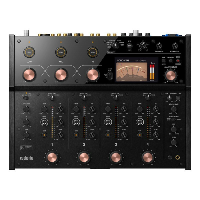 ★Rupert Neve Designs社との共同設計で実現した、全ての音がひとつの音に溶け合うサウンド★euphoniaは、これまでのDJミキサーでは考えられなかったデジタルのクリアさとアナログの艶やかさが両立した未体験のサウンドを提供します。徹底した音作りのため、高性能32-bit A/D， D/Aコンバーターを採用し、AlphaTheta社が長年培ってきたデジタル信号処理技術を活かしたDSPでは、96kHz/64bit浮動小数点ミキシング処理を採用しています。この高解像度処理により、楽曲の表情を損なわずに、より臨場感溢れるクリアな音質を実現しました。■Rupert Neve Designs世界中のアーティストやサウンドエンジニアから高い評価を得ているRupert Neve Designs社と共同設計したトランスフォーマー回路を搭載しました。これにより、本機から出力されるすべての音に音楽的な豊かさを強調する倍音を加えます。キックやベースなどの低域には安定感と迫力を与え、ボーカルや楽器などの中域には存在感と艶感を増し、ハイハットなどの高域はシルキーで自然な音質に仕上げています。ヴィンテージな生音と最新のエレクトリックサウンドの壁も取り払い、あたかも元々一つの楽曲であったかのような、驚くほど自然なミキシングのしやすさをもたらします。■自分自身とノブが同化する、新感覚のロータリーフェーダーフェーダーの操作感が回転速度に応じて変化する、特殊な機構を開発しました。ノブをゆっくり回した時は、音を微細に調整するのに最適なしっとりとした質感になります。ノブを素早く回した時は、狙った音量のポジションに瞬時に到達する最適なキレのある質感になります。さらに、フェーダーのボリュームカーブは数多くのDJのフィードバックを経て最適化されています。これにより、イコライジングが不要なほど滑らかで自然な楽曲の差し引きが可能で、ボリュームノブによる演奏表現に集中できます。この革新的なフェーダーは、オーディエンスの心を揺さぶる音楽表現を可能にし、DJのパフォーマンスを一層引き立てます。■ひと目で全ての音を把握する、ENERGY VISUALIZEReuphoniaのENERGY VISUALIZERを使えば、楽曲のエネルギーと全体の音量バランスを視覚的にひと目で捉えることができるので、音量コントロールの精度が格段に向上します。従来のアナログVUメーターでは、複数チャンネルの音量を同時に把握することが困難でしたが、本機はチャンネルごとに指示針が確認できる独自のMIX LEVEL METERを搭載しています。これにより、音量を視覚的に把握でき、グルーヴを保ったミックスが思い通りに行えます。また、マスター出力の各周波数帯域の音量レベルを直感的に把握できる、SPECTRUM ANALYZER表示も備えています。長時間のプレイで帯域のバランスが乱れていることに気付きづらい場合でも、視覚的に音のバランスを把握してベストな音響を作り出せます。■極上の品質を誇るISOLATORISOLATORのノブは、操作性と実用性を極めた設計で、センター位置から最大/最小まで素早く回せるサイズを採用しています。さらにトルク負荷は、快適な操作感と高級感を両立しつつ、細やかな音質調整にも対応可能です。また、キック、メロディ、リズムなどを自然かつ切れ味よくコントロールするのに最適化された、カットオフ周波数とフィルター次数を採用しています。■片手で直感的に素早く操作ができる新機能BOOST SEND搭載各周波数帯のBOOST SENDボタンをONにし、ISOLATORノブを回すだけで、内蔵または外部エフェクターのエフェクトを加えることができます。従来エフェクトをかける際に両手が必要だった操作を片手だけで行えるので、DJのパフォーマンスが格段にスムーズかつ直感的になります。観客を魅了するクリエイティブな演奏を、パフォーマンス中でも瞬間的に実現することができます。■演奏スタイルに合った音量設定ができるBOOST LEVELBOOST LEVELを自身の演奏スタイルに合わせた3つのレベル設定から選択することで、各周波数帯の音量を適切に増加させることができます。ダイナミックな演出を求める場合は+12dB、緻密な音質調整には+6dB、空間系のエフェクトを音量の増加なしで際立たせたい時は0dBを選ぶなど、演奏に合わせてお選びいただくことで、パフォーマンスを最大限に引き出すことが可能です。■音に広がりと深みを与える、SEND FXeuphoniaは、5種類の空間系エフェクト（DELAY、TAPE ECHO、ECHO VERB、REVERB、SHIMMER）とHPF（ハイパスフィルター）を搭載しており、手軽に楽曲に広がりや深みを加えることができます。SEND/RETURNも備えており、お好みの外部エフェクターを組み合わせて音の表現幅を広げることができます。各チャンネルにはエフェクトへのSENDレベルを調整するための専用ノブが配置されており、一曲一曲に最適なエフェクトの量を絶妙にコントロールしながら、ミキシングの創造性を高めることができます。さらに、独自開発のTIMEノブは、選択したエフェクトによってノブのクリック感の有無が自動で切り替わる機構を備えています。DELAY、TAPE ECHO、ECHO VERBではクリック感が加わり、BPMに連動したエフェクトを素早くかけることができます。REVERB、SHIMMERではクリック感がなくなり、無段階で滑らかな調整が可能になるので、より細やかな調整ができます。■新時代のロータリーミキサーを体現したデザインeuphoniaは新たな世代のロータリーミキサーのスタイルを目指し、伝統と革新を象徴する「2トーン・2レイヤー」デザインを採用しました。ミキサーとしての伝統的な要素で構成されているチャンネルストリップ部分と、革新的なディスプレイ部分とをマットとグロスの質感で区別し、アナログとデジタルの組み合わせがもたらすメリハリのあるデザインに仕上げています。また、主要なノブは、アナログならではの艶やかな音質を印象付けられる、暖かみのあるカッパー色を採用。ウッド素材のサイドパネルは、全体に溶け込むブラックで塗装しています。ロータリーミキサーの伝統的なスタイルを取り入れつつ、現代的に進化させたデザインです。■SEND/RETURN & MASTER INSERTSEND/RETURNタイプで接続するペダルエフェクターと、INSERTタイプで接続するエフェクター(RMX-1000など)の両方に対応しています。これらの接続タイプは独立してお使いいただけるため、様々なエフェクトデバイスでお好みのパフォーマンスを組み上げられます。INSERTタイプのエフェクターは、MASTERに適用されます。■rekordboxrekordboxのDVS機能に対応しており、アナログレコードでDJプレイする場合と比べてほとんど遜色のない高音質、高いレスポンス性能を実現し、思い通りのパフォーマンスを可能にします。【主な仕様】●周波数特性：20 Hzから40 kHz (LINE)●S/N比：107 dB (USB， DIGITAL IN)、88 dB (PHONO)、105 dB (LINE)、79 dB (MIC)●入力 / 出力端子入力：DIGITAL IN × 4 (coaxial)LINE × 4 (RCA)PHONO × 4 (RCA)MIC x 1 (XLR & 1/4 TRS jack)出力：MASTER × 1 (XLR)BOOTH × 1 (1/4 TRS jack)REC × 1 (RCA)PHONES × 2 (1/4 stereo phone jack， 3.5 mm stereo mini jack)USB：USB Type-C × 1その他：SEND × 2 (1/4 TS jack)、RETURN × 2 (1/4 TS jack)●電源：AC 100 V 50 Hz /60 Hz●消費電力：43 W●対応ソフトウェア：rekordbox、Serato DJ Pro（Serato DVS使用の場合は要有償ライセンス）●付属品：電源コード、保証書、クイックスタートガイド、使用上のご注意●最大外形寸法 (W × D × H)：429.2 × 331.0 × 119.9 mm●本体重量：9.5 kg※DJソフトウェアの最新動作環境はメーカーサイトもしくはメーカーサポートにてご確認の上、お求め下さい。※店頭、または通信販売にて売却後、敏速な削除は心掛けておりますが、web上から削除をする際どうしてもタイムラグが発生してしまいます。万が一商品が売切れてしまう場合もございますので予めご了承ください。イケベカテゴリ_DJ機器_DJミキサー_AlphaTheta_新品 JAN:4573201242914 登録日:2024/03/14 アルファシータ パイオニア パイオニアディージェー