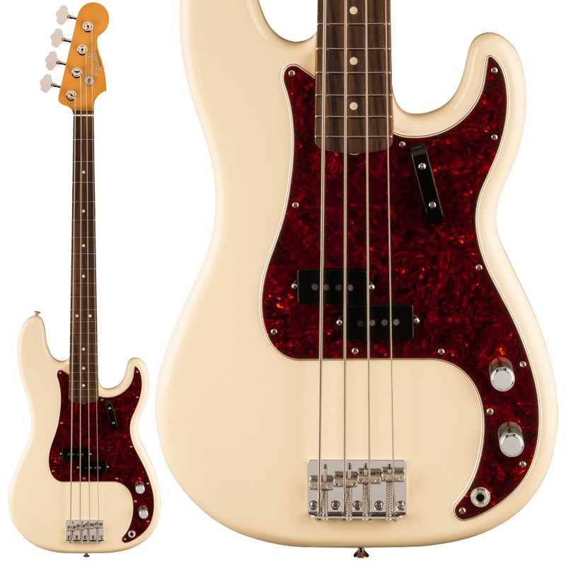 Vintera(R) II 60s Precision Bass(R)は、60年代のタイムレスなサウンドを現代に蘇らせ、フェンダーならではのアイコニックなルックス、インスピレーション、比類ないトーンを提供します。Vintera(R) II 60s Precision Bass(R)は、アルダーボディにローズウッド指板のメイプルネックを採用し、パンチと透明感に溢れたクラシックなフェンダートーンを実現します。60年代初期のCシェイプネックは、直感的で魅力的なプレイアビリティを提供する60年代モデルのネックプロファイルをベースに設計されており、7.25インチラジアス指板とヴィンテージトールフレットにより、大胆なベンディングや繊細なビブラートが可能で、ヴィンテージの快適さが得られます。ヴィンテージスタイルの60年代初期のスプリットコイルピックアップは、温かでダイナミック、パワフルなフェンダーサウンドを提供します。ヴィンテージスタイルの4サドル式ブリッジとチューニングマシンは、クラシックなルックスに加え、イントネーションとチューニングの安定性を向上させます。Vintera(R) II 60s Precision Bass(R)のクラシックなヴィンテージフィールと比類なきフェンダーサウンドで、あなたにしかできない、新たな音楽の歴史を刻み始めましょう。Body Material: AlderBody Finish: Gloss PolyesterNeck: Maple， Early ‘60s CNeck Finish: Gloss UrethaneFingerboard: Slab Rosewood， 7.25 (184.1 mm)Frets: 20， Vintage TallPosition Inlays: White Dot (Slab Rosewood)Nut (Material/Width): Synthetic Bone， 1.75 (44.45 mm)Tuning Machines: Vintage-Style Open-BackScale Length: 34 (86.36 cm)Bridge: 4-Saddle Vintage-Style with Threaded Steel SaddlesPickguard: 4-Ply TortoiseshellPickups: (Bridge)， Vintage-Style ‘60s Split Single-Coil Precision Bass(R) (Middle)， (Neck)Controls: Master Volume， Master ToneControl Knobs: Knurled Flat-TopHardware Finish: Nickel/ChromeStrings: Fender(R) USA 7250M Nickel Plated Steel (.045-.105 Gauges)， PN 0737250406Case/Gig Bag: Included: Deluxe Gig Bagイケベカテゴリ_ベース_エレキベース_Fender MEX_Vintera_新品 JAN:0717669592134 登録日:2023/09/19 エレキベース フェンダー ふぇんだー フェンダーメキシコ フェンダーMEX