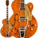 Gretsch Quilt Classicsは、クラシックなヴィンテージモデルに際立ったフィギュアドキルトメイプルトップをあしらい、スタイリッシュに再現したコレクションです。ギタリストが憧れとするギタリスト、チェット・アトキンスとの共同設計による6120モデルは、グレッチの中でも最も広くそのサウンドが聴かれているギターです。G6120TGQM-56 Limited Edition Quilt Classic Hollow Bodyは、初期のデザインを忠実に再現しつつ、エレガントなフィギュアドキルトメイプルをキャッピングすることでクラシックな美学をさらに高めました。オーセンティックなグレッチトーンを提供するこのホロウボディギターは、弾きやすく快適な演奏性を備え、グレッチならではの最高のサウンド（That Great Gretsch Sound!）を誇らしげに鳴り響かせます。主な特徴・ ブラックGロゴをあしらった魅力的なキルトメイプルトップ・ 22本のミディアムジャンボフレットとパーロイドワイドブロックインレイを配した、12インチラジアスローズウッド指板のスタンタードUシェイプのメイプルネック・ ニトロセルロースラッカーフィニッシュ・ ポリッシュドアルミナット・ Grover Sta-Titeチューニングマシン・ TV Jones T-Armondピックアップ・ ピン留めされたローズウッドベース付きコンペンセイテッドアルミブリッジ・ Bigsby B6CBDEヴィブラートテイルピース・ ゴールドハードウェア・ Roundup Orange Stainカラーフィニッシュ・ 56年のみに見られる特別なデザインのホースシューロゴ※画像はサンプルです。商品の特性上、木目や色合いは一本一本異なります。NeckFingerboard Material：RosewoodFingerboard Radius：12 inch (305 mm)Neck Construction：Set-NeckNeck Finish：Gloss Nitrocellulose LacquerNeck Material：Quartersawn MapleNumber of Frets：22Nut Material：Polished AluminumNut Width：1.6875 inch (42.86 mm)Position Inlays：Aged Pearloid BlocksBodyBody Material：Arched Laminated Quilt MapleBody Finish：Gloss Nitrocellulose LacquerBody Shape：Nashville / G6120HardwareBridge：Aluminum CompensatedControl Knobs：ArrowHardware Finish：GoldStrap Buttons：Gretsch Knurled Strap Retainer KnobsStrings：Nickel Plated Steel (.011-.049 Gauges)Switch Tip：GoldTuning Machines：Grover Sta-TiteElectronicsBridge Pickup：TV Jones T-ArmondNeck Pickup：TV Jones T-ArmondPickup Configuration：Dynasonic / DynasonicControls：Volume 1. (Neck Pickup)， Volume 2. (Bridge Pickup)， Master Volume， Master TonePickup Switching：3-Position Toggle: Position 1. Bridge Pickup， Position 2. Bridge and Neck Pickups， Position 3. Neck Pickupハードケース付属イケベカテゴリ_ギター_エレキギター_GRETSCH_Hollow Body_新品 JAN:0717669941390 登録日:2024/04/19 エレキギター グレッチ