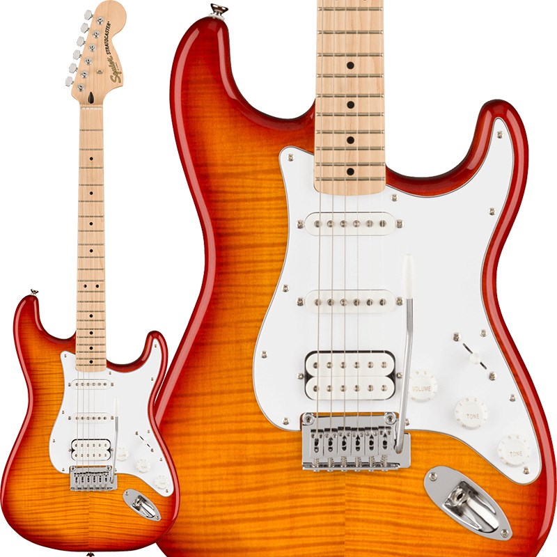 Squier Affinity Series Stratocaster FMT HSSは、伝統的なFenderファミリーへの入り口として、伝説的なデザインと典型的なトーンを備えたギターです。このStratocaster HHは、薄くて軽量なボディに目を引くフレイムメイプルトップ（FMT）、スリムで快適なCシェイプネック、優れたアーミング奏法をサポートする2点支持トレモロブリッジ、スムーズで正確なチューニングを提供するスプリットシャフト付きシールドダイキャストチューニングマシンなど、プレイヤーフレンドリーな洗練された機能を備えています。ブリッジにはSquierのハムバッキングピックアップ、ネックとミドルにはSingle-Coilピックアップを搭載し、ジャンルを超えた多彩なサウンドを実現しています。※製品の特性上、杢目・色合いは1本1本異なります。Series: Affinity SeriesBody Material: PoplarBody Finish: Gloss PolyurethaneNeck: Maple， C ShapeNeck Finish: Satin Urethane with Gloss Urethane Headstock FaceFingerboard: Maple， 9.5 (241 mm)Frets: 21， Medium JumboPosition Inlays: Black Dot (Maple)Nut (Material/Width): Synthetic Bone， 1.650 (42 mm)Tuning Machines: Sealed Die-Cast with Split ShaftsScale Length: 25.5 (648 mm)Bridge: 2-Point Synchronized Tremolo with Block SaddlesPickguard: 3-Ply Black (539)， 3-Ply White (547)Pickups: Ceramic Humbucker (Bridge)， Ceramic Single-Coil (Middle)， Ceramic Single-Coil (Neck)Pickup Switching: 5-Position Blade: Position 1. Bridge Pickup Position 2. Bridge and Middle Pickup Position3. Middle Pickup Position 4. Middle and Neck Pickup Position 5. Neck PickupControls: Master Volume， Tone 1. (Neck/Middle Pickups)， Tone 2. (Bridge Pickup)Control Knobs: Black Plastic (539)， White Plastic (547)Hardware Finish: ChromeStrings: Nickel Plated Steel (.009-.042 Gauges)ソフトケース付属イケベカテゴリ_ギター_エレキギター_Squier by Fender_Stratocaster_新品 JAN:0885978723447 登録日:2021/09/12 エレキギター スクワイヤー スクワイアー フェンダー ストラト ストラトキャスター