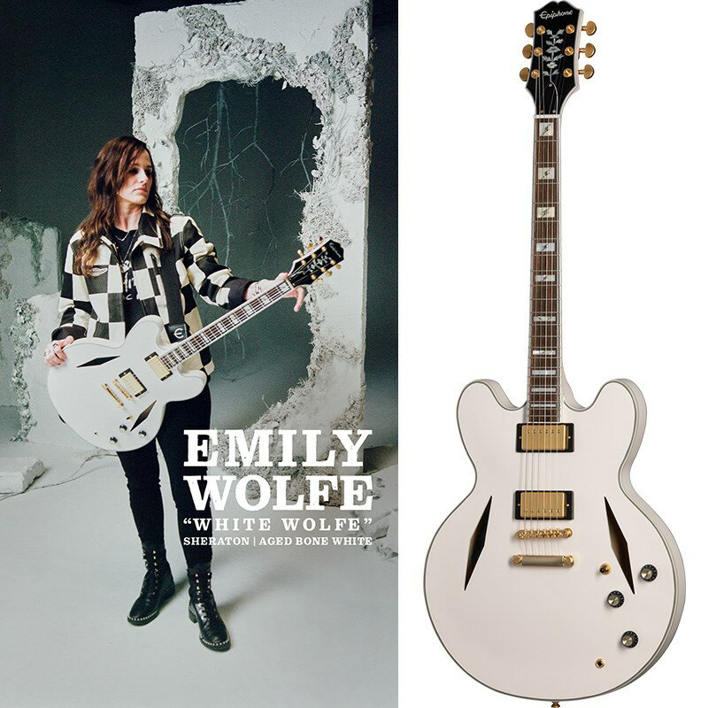 A White Version of Her Popular Sheraton Artist ModelエピフォンEmily Wolfe White Wolfe Sheraton は、ロックンロールシンガー/ソングライター/ギタリストとして活躍するエミリーのシグネチャー・モデル「Sheraton Stealth」をベースに、エミリーの情熱と創造性により新たに開発されました。インディアン・ローレル指板には、22 フレット仕様のミディアムジャンボフレットとアバロン・ライトニングボルトをあしらったマザー・オブ・パールのブロックインレイが採用されています。 ヘッドストックは60年代に人気を博したカラマズー・シェイプで、表面にはマザー・オブ・パールのツリー・オブ・ライフ・インレイ、裏面にはエミリー・ウォルフのロゴが施され、Grover Rotomaticチューニングマシンと Graph Techナットが採用されています。Epiphone Lock Tone Tune-O-Maticブリッジとストップバー・テールピース搭載により、素晴らしいサスティン感がギタリストにもたらされます。エレクトロニクスには、Epiphone Alnico Classic PRO ハムバッカー・ ピックアップとCTS ポテンショメーターが搭載されており、それぞれのピックアップのボリュームと全体のトーンをスムーズにコントロールすることができます。カラーはエイジド・ボーン・ホワイト。ハードウェアはわずかにエイジド加工されたゴールド・ハードウェアが採用されています。製品にはEpiLiteケースが付属します。※画像はサンプルです。製品の特性上、杢目、色合いは一本一本異なります。BodyBody Material: Layered MapleBinding: 5-ply Top， 3-ply Back， 3-ply Headstock， Single-ply FretboardNeckNeck Material: MahoganyProfile: SlimTaper 60s CNut width: 1.69 /43mmFingerboard: LaurelScale length: 24.75 /628.65mmNumber of frets: 22Nut: Graph TechHardwareBridge: Epiphone LockTone Tune-O-MaticTailpiece: Epiphone LockTone Stop BarKnobs: Black Top Hat with Gold ReflectorTuners: Grover RotomaticElectronicsNeck pickup: Alnico Classic PROBridge pickup: Alnico Classic PROControls: 2 Volume， 2 Toneギグバッグ付属イケベカテゴリ_ギター_エレキギター_Epiphone_ミュージシャンズ モデル_新品 JAN:4580568432537 登録日:2023/10/05 エレキギター エピフォン