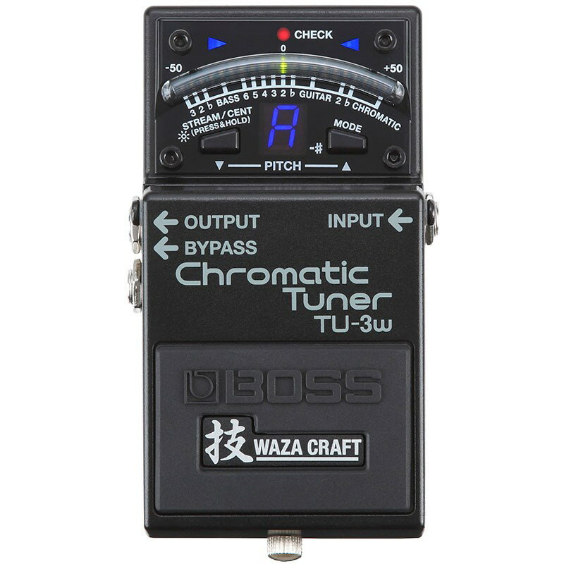 技 WAZA CRAFTの息吹を吹き込んだ、ペダル・チューナーの決定版、日本製になって再登場！BOSS TU-3W Chromatic Tuner世界中のギタリストの足元をサポートしているペダル・チューナーの定番TU-3に、技 WAZA CRAFTの魂が吹き込まれました。TU-3Wは、業界標準であるTU-3同等の堅実なチューニングを提供、さらに既存回路を一から見直しました。バッファとトゥルーバイパスの切り替え機能を搭載し、チューナーにおいて不可欠な、色付けのないピュアな信号伝達をどのようなシチュエーションでも実現できます。TU-3Wは違いのわかるハイエンド・プレイヤーの為のプレミアム・チューナーです。◆ 技 WAZA CRAFT の魂が宿った世界標準のペダル・チューナー。◆ 定評あるチューニングとプレミアムなバッファをひとつのペダルで両立。◆ 世界標準のチューニング機能をTU-3 からそのまま踏襲。◆ オーディオ回路を新たに設計し直し、今までになくピュアな信号伝達を実現。◆ バッファとトゥルーバイパスの切り替えにも対応。◆ 安心の長期五年保証。■技 Waza Craftとは創業以来、BOSSのエンジニアはアナログ回路設計から最先端のデジタル技術を駆使したDSPまで、あらゆる技術や培ってきたノウハウ、そして音に対する熱いスピリットを注ぎ込み、最高のギター・サウンドを追求し続けてきました。そのクラフトマンシップの結晶といえるコンパクト・ペダルが「技 WAZA CRAFT」です。熟練のエンジニアにより、一つひとつのパーツの選定からこだわり抜き、丹念に組み上げられたアナログ回路を搭載。細部に至るまでこだわった「技 WAZA CRAFT」は、極上のサウンドと卓越した弾き心地をギタリストに提供します。■主な仕様●測定範囲：C0（16.35Hz）〜C8（4，186Hz）●基準ピッチ：A4 ＝ 436〜445Hz （1Hz ステップ）●測定精度：±1 セント●動作モード：クロマチック，クロマチック・フラット×2，ギター，ギター・フラット×2，ベース，ベース・フラット×3●表示モード：セントモード，ストリームモード●電源：アルカリ電池（9V 形）またはマンガン電池（9V 形），AC アダプター（別売）●バイパス：バッファード/トゥルーバイパス切り替え●コントロール：ペダル・スイッチ，OUTPUT スイッチ（BUF/THRU スイッチ），MODE ボタン，STREAM/CENT ボタン●規定入力：レベル-20dBu●入力インピーダンス：1MΩ●規定出力：レベル-20dBu●出力インピーダンス：1kΩ●推奨負荷インピーダンス：10kΩ 以上●インジケーター：CHECK インジケーター（バッテリー・チェック兼用）●接続端子：INPUT 端子，OUTPUT 端子，DC IN 端子，DC OUT 端子●消費電流：60mA（DC9V），110mA（DC9V、高輝度モード・オン時）●連続使用時の電池の寿命（使用状態によって異なります）：アルカリ電池：約6 時間，マンガン電池：約0.5時間●外形寸法： 73（幅）×129（奥行）×59（高さ）mm●質量（乾電池を含む）：460g●付属品：保証書，取扱説明書，チラシ（安全上のご注意、使用上のご注意、サービスの窓口），アルカリ電池（9V 形）※本体に接続済み●別売品：AC アダプター：PSA-100，パラレルDC コード：PCS-20A（DC プラグ×8）※0dBu＝0.775Vrmsイケベカテゴリ_弦・アクセサリー・パーツ類_チューナー／メトロノーム_BOSS_新品 JAN:4957054510459 登録日:2017/03/26 ボス