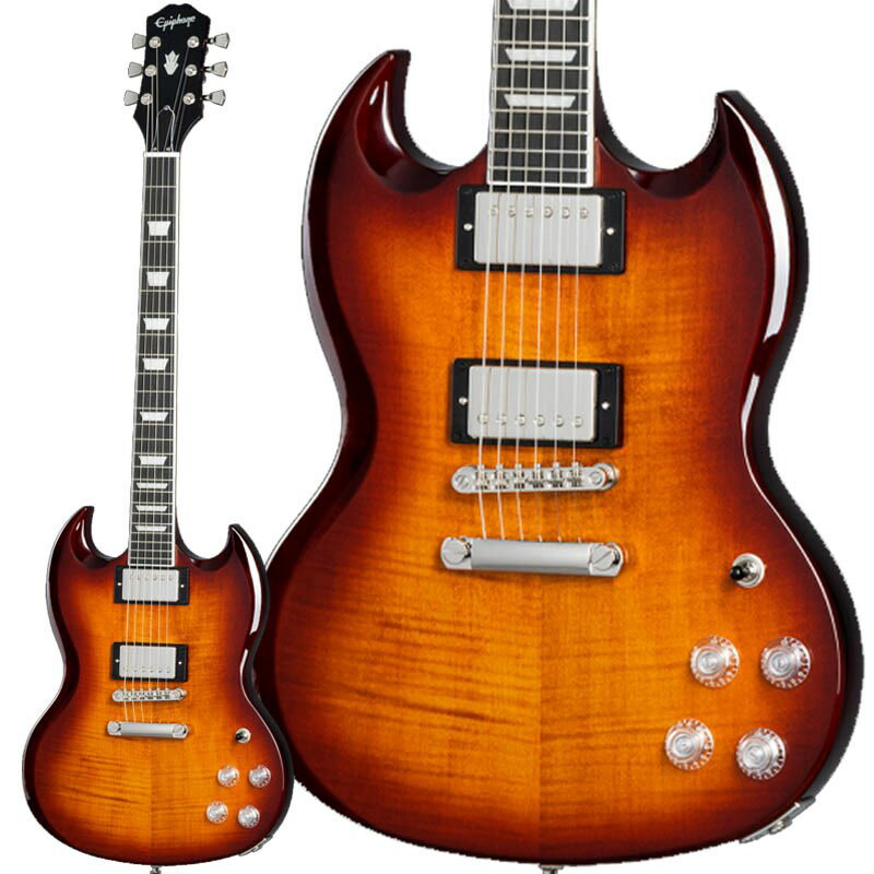 Epiphone　SG Modern Figured！Epiphone Inspired by Gibson Collectionから新たにリリースされるSG Modern Figured！クラシックなSGシェイプをベースに、ボディにはマホガニー、ボディトップには3/4インチ厚のAAAフィギュアド・メイプルを採用。エボニー指板の非対称スリムテーパープロファイルのマホガニーネックは、テクニカルなプレイもサポートします。トレブルブリード回路を内蔵したProBuckerピックアップと、コイルスプリット／フェイズ機能を装備！その他にもチューリップボタンのGroverロッキング・チューナー、GraphTechナット、PosiLokストラップボタンなど多彩なサウンドメイクが可能なスペックとなっております！※画像はサンプルです。NeckProfile:Asymmetrical Slim TaperScale Length:628.65 mm / 24.75 inFingerboard Material:EbonyFingerboard Radius:304.8 mm / 12 inNeck Material:MahoganyFret Count:24Frets:Medium JumboNut Material:Graph TechNut Width:43.0 mm / 1.692 inInlays:Pearloid TrapezoidJoint:Glued In， Set NeckBodyBody Material:MahoganyTop:3/4 Maple with AAA Flame Maple VeneerBody Finish:GlossHardwareFinish:NickelBridge:LockTone Tune-O-MaticTailpiece:LockTone Stop BarTuning Machines:Grover Locking Rotomatic with Tulip ButtonTruss Rod:Dual ActionStrap Buttons:2 Posi-Lok; Bottom and Back of HeelMounting Rings:BlackPickup Covers:NickelElectronics Neck Pickup:ProBucker 2Bridge Pickup:ProBucker 3Controls:2 Volume (Push/Pull Coil Split)， 2 Tone (Push/Pull Phase)Pickup Selector:3-way ToggleOutput Jack:1/4ギグケース付属イケベカテゴリ_ギター_エレキギター_Epiphone_SG_新品 JAN:4570155996733 登録日:2024/05/08 エレキギター エピフォン