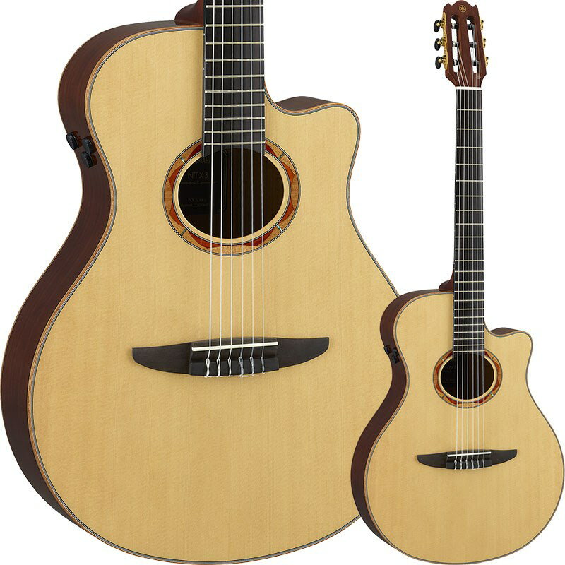 New NX Series Electric Nylon Strings GuitarNXシリーズは、ナイロン弦ギターの特長となる柔らかく暖かみのある音色を、ありのままにラインアウトできることを目ざし誕生しました。現代的なボディスタイルと独自のピックアップシステムを備え、スチール弦アコースティックギタープレイヤーやエレキギタープレイヤーにも演奏しやすい設計になっています。優しくナチュラルなサウンドを、よりカジュアルに。Style洗練されたシングルカッタウェイを施した「NCX」「NTX」2種類のボディ形状に加え、材の違い、多彩なカラーバリエーションを揃えた豊富なモデルラインアップ。プレイスタイルや好みにあわせたモデル選択を可能にし、ラテンミュージックや、ジャズ、ポップス、他、幅広いジャンルの音楽で本格的な演奏が楽しめます。Bracing最新の音響解析シミュレーション技術を活かし試作と改良を重ね、新たなブレイシングデザインを採用。クラシックギター製作で培った経験や知識を活かした「NCX」，「NTX」それぞれの胴型に最適なブレイシングにより、ギター本体の耐久性を損なうことなく生鳴りを向上させました。Pickup上位機種には新開発ピックアップシステム「Atmosfeel（アトモスフィール）」搭載　上位機種の#3グレード、#5グレードには、ナイロン弦専用にチューニングされた新開発の3ウェイハイブリッドピックアップシステム Atmosfeel（アトモスフィール）を搭載しています。Atmosfeelは、3 種類のピックアップで構成されています。薄くて耐久性のある圧電性合成紙を使ったコンタクトセンサーは、ギターの表板の振動から得られる高音域を集音する特性を活かし、従来のピックアップでは拾うことができなかったギターの高音成分を自然なニュアンスで再現します。表板裏面のコンタクトセンサーピックアップは表板の鳴りを、アンダーサドルピックアップは弦の振動を、ボディ内部に装着されたコンデンサーマイクはギター胴内の空気感をそれぞれ集音し、3 つの音を組み合わせることで、幅広いダイナミクスとプレイヤーの繊細な指の感触に応え、自然なナイロン弦サウンドを余すことなく表現します。本体側面に搭載された3つのつまみでマイク（音量）とトーン（音質）をコントロールするだけのシンプルな操作で、ソロプレイ、バンドアンサンブル、弾き語り等、多彩なプレイスタイルに適したサウンドメイキングが可能です。※製品の特性上、杢目・色合いは1本1本異なります。胴型：スマートスタイルカッタウェイ（NTX）表板：シトカスプルース単板裏側板：ウォルナット単板弦長：650mネック：マホガニー指板/下駒：エボニー/エボニー＋ウォルナット上駒/下駒枕 ：ユリア樹脂指板幅(上駒部/胴接合部)：48mm/57mm(NTX)ネック接合：14 フレット（NTX）胴厚：80〜90mm(NTX)弦：ヤマハグランドコンサート弦 S10塗装：グロス仕上げピックアップ&コントロール：AtmosfeelEQ(Treble)/Master Volume/Mic Blend付属品：サウンドホールカバー単 3 アルカリ乾電池セミハードケース付属イケベカテゴリ_アコースティック／エレアコギター_エレクトリックアコースティックギター_YAMAHA_NX SERIES_新品 JAN:4957812657549 登録日:2020/10/14 エレアコ ヤマハ やまは