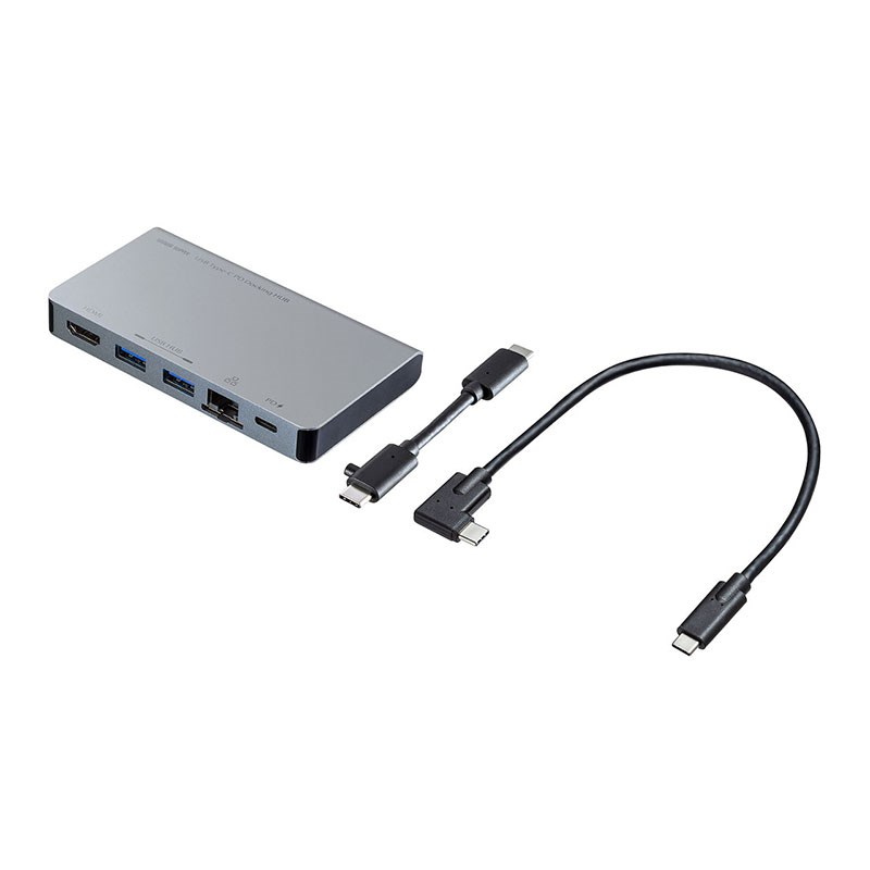 ★HDMI、LANポートを搭載したUSB Type-Cドッキングハブ。USB Type-Cケーブル1本でHDMIディスプレイ、各種USBデバイス、有線LANの拡張接続ができるUSB Type-Cドッキングハブです。◎Type-Cケーブル1本の接続で大画面ディスプレイとUSBデバイスで快適に操作し、外出や会議など移動時にはType-Cケーブル1本を抜くだけでさっと持ち運ぶことができます。◎USB Type-C接続でのHDMIディスプレイ増設「DisplayPort Alternate Mode」に対応するためソフトウェアのインストールなしで簡単にマルチディスプレイ環境（ミラーモード/拡張モード）を実現できます。◎USB Type-Cでの「USB Power Delivery（USB PD）」に対応しており接続したパソコンへの給電も本製品経由で可能となります。◎Gigabit Ethernetに対応しているので、Gigabitネットワーク環境にも対応でき、USB Type-Cケーブル1本で有線LAN接続をすることができます。※パソコンとの接続は付属のケーブルを使用してください。◎収納できるケーブルと据え置き用の30cmケーブルが2種類ついており、モバイルでも会社でも使用できます。＜制限事項＞※本製品はパソコン本体のType-Cポートに直接接続してください。USBハブ、増設のUSBポートではご利用いただけません。※本製品はUSB PD（Power Delivery）対応ですが、全てのUSB Type-C搭載機器（PD対応）には対応しておりません。※本製品の取り外し、接続に関して、基本的にプラグアンドプレイには対応していますが、まれにUSB認識のタイミングエラーにより正常に表示しない、動作しない場合があります。再度抜き差しをお試しください。これは本製品の不具合、故障ではありません。※本製品はWindows OS、Mac OSが動作している状態で使用するものです。システム起動時や、BIOS画面では動作（表示）しません。※対応機種、対応接続機器・環境の場合であっても正常に動作しないことがあります。※本製品はUSB Type-Cドッキングステーションですが、全てのUSB Type-C機器に接続、動作を保証できるものではありません。■製品仕様USBハブ：インターフェースUSB3.2 Gen1（USB3.1 Gen1/USB3.0）準拠（USB Ver.2.0/1.1上位互換）※USB3.2 Gen1はUSB-IF（USB Implementers Forum）によりUSB3.1/3.0が名称変更されたもので同じ規格です。通信速度：5Gbps/480Mbps/12Mbps/1.5Mbps（理論値）コネクタ形状・USB3.2 Gen1（USB3.1/3.0）Aコネクタ メス×2（ダウンストリーム）・USB Type-Cコネクタ メス×1（アップストリーム）・USB Type-Cコネクタ メス×1（ダウンストリーム/PD 3.0 100W（20V 5A）対応）電源：セルフパワー/バスパワー両対応※本製品はセルフパワー・バスパワーの両方に対応していますが、接続する周辺機器により動作しない場合があります。※パソコン本体に付属のPD対応ACアダプタを使用しセルフパワーとしても使用できます。※45W以下のACアダプタを使用する場合はパソコンが充電モードに入らない場合があります。供給電流：最大750mA（全3ポート合計）※接続する機器の消費電流が本製品の供給電流を超える場合、バスパワーで正常に動作しない場合があります。・ポート数：3ポートLANポート規格・IEEE 802.3（10BASE-T Ethernet）・IEEE 802.3μ（100BASE-TX Fast Ethernet）・IEEE 802.3ab（1000BASE-T）※通信速度についてUSB3.2 Gen1（USB3.1/3.0）接続時のみ1000BASE-Tに対応します。・通信モード：フルデュプレックス/ハーフデュプレックス・アクセス方式：CSMA/CD・ポート構成：RJ-45ポート（Auto MDI/MDI-X）、Auto-Negotiation対応・電源電圧：5V映像出力・コネクタ形状：HDMIタイプA（19pin）メスポート×1※DisplayPort Alt mode対応。※HDCP 1.4対応。・対応解像度：HDMI/最大3840×2160（4K 30Hz）共通仕様・サイズ：W110×D61.2×H14mm・重量：約114g・消費電流：最大900mA・ケーブル長：ショートケーブル/約3cm、ロングケーブル30cm・セット内容：取扱説明書、USBType-C接続ショートケーブル(約3cm)×1、USB Type-C接続ロングケーブル（約30cm）×1・備考 過電流保護機能内蔵※詳細な動作環境はメーカーページをご確認ください。イケベカテゴリ_DTM_その他DAW／DTM関連アイテム_SANWA SUPPLY_新品 JAN:4969887781524 登録日:2021/12/12 DTMアクセサリ