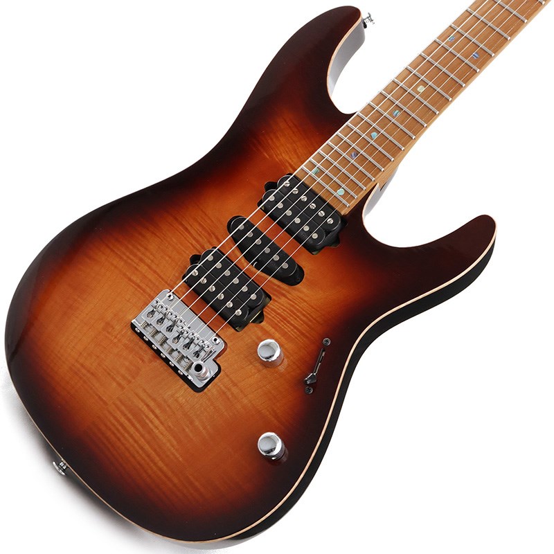 AZ Prestige HSH pickup configuration New ModelHSHピックアップ・レイアウトのAZPrestige・新モデルが登場！■AZ Oval C/ S-TECH WOOD Roasted Maple 1pc neck & fretboard窒素加熱処理技術であるエステック処理されたメイプル材を使用。エステック処理された木材は形状安定性、反りに対する耐久性、耐水性、温度変化に強いといった特徴を持っており、日本国内で特許技術を取得しています。また、フィニッシュには弾き込まれたギターのネックの様な質感のオイル・フィニッシュ仕上げを採用しています。自社・他社問わず数十種類のギターのネック・グリップを計測、分析して完成したオリジナル・ネック形状です。指板とネックの接着面から指板エッジにかけてなだらかに落とし込むようにシェイピングし、指板エッジを丸めたコンフォート・グリップです。ボールミル加工によって正確に且つ確実にその形状を再現しています。ネック幅はナットで42mm、最終フレットで57mmに設定し、ロー・フレット部では握り込みやすさ、ハイ・フレット部にかけては親指をネック裏に置くクラシカル・スタイルでの演奏性を特に配慮した形状となっています。■Luminlay side dot inlay照明などでめまぐるしく変化する演奏環境に対応してくれる、高い視認性を誇る3.0mm径の蓄光材ドット・ポジションを採用しています。暗いステージの上でも自分の弾きたい音を見失うことはないでしょう。■An ergonomic body back contourコンテンポラリーなデザインを目指したオリジナル・ボディ形状です。薄く仕上げたボディ・コンターと大きめのエルボー・コンターは、プレイヤーとギターとの一体感を生み、演奏性向上にも大きく貢献します。またボディのくびれを深くすることで抱えた時やステージ上での取り回しが良く、高い演奏性を実現しています。ボディ表面と裏面とで角のRを変えており、座位/立位に関わらずギターを抱えた瞬間にフィット感が感じられるエルゴノミックな設計です。■Super All Access Neck Jointボディ裏面から8mmの高低差で段彫りし、さらにネックとの接合部を球面に仕上げることで高い演奏性を実現したSuper All Accessネック・ジョイントです。低音弦側のカッタウェイを浅めに設計しており、ボディとネックとの設地面積を最大化することで、高い演奏性を保持しながらもサスティーンとレゾナンスの良さをも両立しています。■The spring muting rubberシンクロナイズド・トレモロ・ギターに起こりがちなスプリングの共振/共鳴を抑えるために装着したゴム製のスプリング・ミュートです。■DiMarzio Pickupsネック・ポジションにはクリアかつウォームなサウンドが特徴のAir Norton、ミドル・ポジションにはブライトかつノイズ・レスなサウンドが特徴のTrue Velvet、ブリッジ・ポジションには高音域から低音域までバランスよく出力しパワフルなサウンドが特徴のThe Tone Zoneを搭載しています。■Gotoh T1502S tremolo bridge多くのプレイヤーやブランドから、トレモロ・ブリッジの決定版として定評のあるGOTOH 510ブリッジを、IbanezとGOTOHとのコラボレーションで新生させたブリッジです。立ち上がりが良さと、タイトなサウンドを実現するスチール製サドルとスチール製イナーシャ・ブロックを採用し、コード・ワークでの音の分離感の良さも特徴としています。弦間ピッチは10.5mmのナロー・スペーシング設計で、スキッピングやハイブリッド・ピッキングを多用するプレイヤーが要求する、弦間をまたいだピッキングのしやすさを追求しました。また、Ibanez Edgeトレモロのアームや、ウルトラ・ライト・トレモロ・アームも流用出来るアーム・ソケットを採用。従来のアームの様に回し入れることなくスナップ・インでアームを装着できます。プレイヤーの好みに応じて、アーム角度の固定開放を可能にしたアーム・トルクアジャスト機構も搭載しています。加えて、スタッドに埋め込まれたイモネジでがっちりと固定することで、チューニングのスタビリティやレゾナンスに大きく貢献するスタッド・ロック機構をも標準装備しています。スムーズなアーミングやアームアップが可能な2点支持フローティングを採用しています。■Bone nut油含浸した牛骨ナットを採用しました。チューニングの安定性に大きく貢献するナットの滑りの良さと、ビンテージギターの様なレゾナンスを実現しています。■Gotoh MGT locking machine heads弦交換の利便性を追求し、チューニング・スタビリティに定評のあるGotoh製MG-Tロッキング・マシンヘッドを搭載。指でダイヤルを回すことにより、ポスト穴に通した弦を簡単にロックできる構造です。※画像はサンプルです。製品の特性上、杢目、色合いは1本1本異なります。SpecsNeck type: AZ Oval C S-TECH WOOD Roasted Maple neckBody: Flamed Maple (4mm) / Basswood bodyFretboard: S-TECH WOOD(R) Roasted Maple fretboard w/Abalone dot inlay & Luminlay side dot inlayFret: Jumbo Stainless Steel frets w/Prestige fret edge treatmentNut: BoneMachine head: Gotoh MG-T locking machine headsBridge: Gotoh T1502S tremolo bridgeNeck pickup: DiMarzio Air Norton(H) neck pickupMiddle pickup: DiMarzio True Velvet(S) middle pickupBridge pickup: DiMarzio The Tone Zone(H) bridge pickupControls， Pickup selector: 1 Volume， 1 Tone， 5-way lever switchHardware color: ChromeString gauge: .010/.013/.017/.026/.036/.046Neck DimensionsScale: 648mm/25.5Width at Nut: 42mmWidth at Last Fret: 57mmThickness at 1st: 20.5mmThickness at 12th: 22.5mmRadius: 305mmRハードケース付属◆Color:・BSR (Brownish Sphalerite)イケベカテゴリ_ギター_エレキギター_Ibanez_新品 JAN:4549763335050 登録日:2023/05/18 エレキギター アイバニーズ イバニーズ