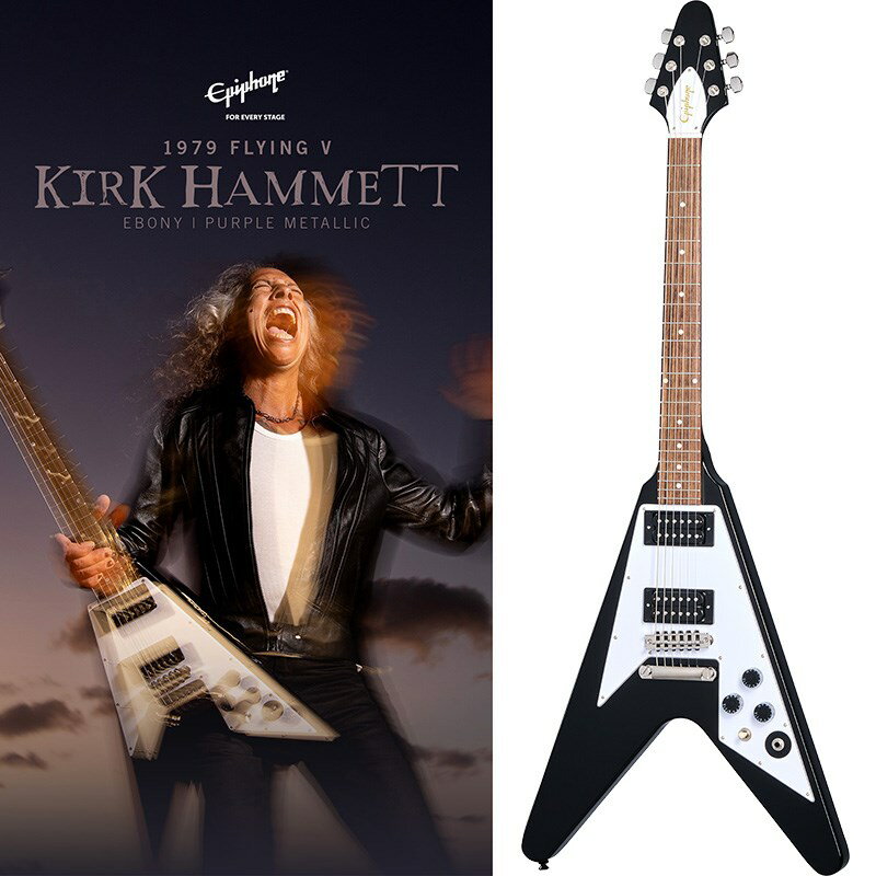 Kirk Hammett 1979 Flying Vカーク・ハメットの1979年製Flying Vは、世界中のメタリカ・ファンにとってお馴染みのギターです。そのギターはカークにとって初のギブソンであり、ギブソン・ギターへの情熱を確立した記念すべき1本です。購入のきっかけは、カークが当時憧れていた有名なFlying Vプレイヤーに触発されたことと、よりふくよかなサウンドを求めていたことに由来します。カークはそのオリジナルギターを今でも弾き続けており、『Kill 'Em All』、『Ride the Lightning』、『Master of Puppets』、『...And Justice for All』、『The Black Album』など、初期のメタリカのすべてのアルバムでそのギターを使用しました。カークのFlying Vはヘヴィメタル界で最も重要なギターのひとつとして高い評価を得ています。この度エピフォンは、ギブソン・カスタムショップとの連携のもと、カークのオリジナルギターを念入りに再現した Epiphone Kirk Hammett 1979 Flying Vをリリースします。マホガニー・ボディ、ボリュート付きワンピース・マホガニー・ネック、「スペード」ボタン付きGrover Rotomatic マシンヘッド、そしてカスタム・ブリッジを搭載。エレクトロニクスも一流で、ギブソンUSAキャリブレーテッドTタイプ・ハムバッカーピックアップ、CTSポテンショメーター、Orange Dropコンデンサー、Switchcraft 3ウェイ・ピックアップ・セレクター・トグル・スイッチ、1/4 アウトプット・ジャックを装備。ヘッドストック裏にはカーク・ハメットのロゴがあしらわれています。赤い豪華な内装のブラック・ハードシェル・ケースが付属します。※画像はサンプルです。製品の特性上、杢目、色合いは一本一本異なります。BodyShape: Flying VMaterial: MahoganyNeckNeck: One-piece MahoganyProfile: Rounded C with VoluteNut width: 43mmFingerboard: Indian LaurelScale length: 628.65mmNumber of frets: 22Nut: Graph TechInlay: Mother of Pearl DotHardwareBridge: Custom BridgeTailpiece: LockTone Stop BarTuners: Grover Rotomatic with Spade ButtonPlating: NickelElectronicsNeck pickup: Gibson USA Calibrated T-TypeBridge pickup: Gibson USA Calibrated T-TypeControls: 2 Volume， Master Tone， CTS Potentiometers， Orange Drop Capacitorハードケース付属イケベカテゴリ_ギター_エレキギター_Epiphone_ミュージシャンズ モデル_新品 JAN:4570155996535 登録日:2023/10/30 エレキギター エピフォン