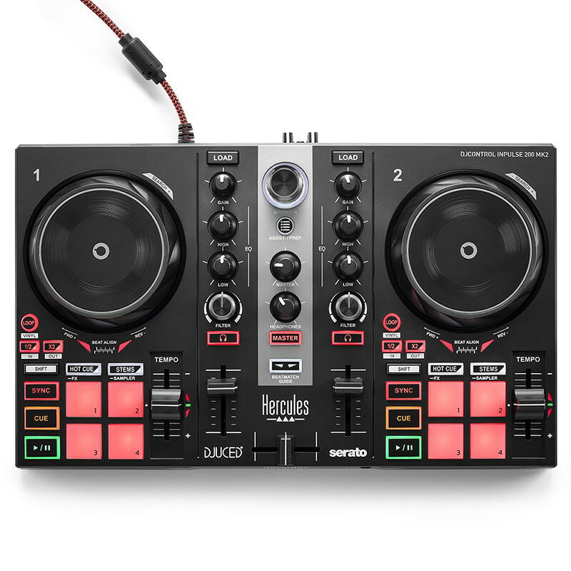 ★Serato DJ Lite対応 2デッキUSB DJコントローラー★Hercules DJControl Inpulse 200 MK2は基本的な機能をコンパクトなボディに凝縮させた、初心者向けDJコントローラーです。8つのパッドと4つのモード（Hot Cue、Roll、FX、Sampler）が内蔵されている他、DJアプリSerato DJ LiteまたはDJUCEDに対応しておりSTEMSなどの使用した、1曲の楽器と別の曲のボーカルを組み合わせて、無限の創造性を発揮できます。またmBeatmatch Guide機能を使用すると、コントローラーのジョグホイールの下に便利なライトガイドと、テンポフェーダーの右側にあるライトガイドを使って、トラックを手動で同期させることができます。【主な特徴】■SERATOInpulse 200 MK2には、Serato DJ Liteソフトウェアとそのすべての機能が含まれています。また、Serato DJ Proとも互換性がありSerato DJの機能を充分に楽しむことができます。■BEATMATCH GUIDEBeatmatch GuideはDJUCEDとSerato DJ Liteの両方でサポートされおり、各トラックを手動キューイングする際のサポートを行います。必要な動きを習得したら、この機能を無効にすることができます。■快適な操作性タッチ感の良いラバーパッドと視認性の高いLEDを搭載。■2デッキミキシングのスタンダード・内蔵オーディオ：マスター（スピーカー）およびモニタリング（ヘッドフォン）出力・デッキ：プレイ、キュー（+シンク、シフト）セクション x 2、ジョグホイール x 2、4モード（ホットキュー、ステム、FX、サンプラー）付き4パッド x 2、テンポフェーダー x 2、ループセクション x 2・ミキシング：クロスフェーダー x 1、ミキサー x 2（ゲイン、2バンドEQ、フィルター、ボリューム）、モニタリング・コントロール、マスター・ボリューム・オーディオ解像度：44.1 kHz / 24 bit■STEMS・トラックをインストゥルメンタル・ステムとボーカル・ステムに分割・インストゥルメンタルの上に別のボーカルを再生してマッシュアップを作成・再生中のボーカルの上に次のトラックのインストゥルメンタルをミックスして、新鮮なトランジションを作成■ビートマッチガイド・テンポガイド：各テンポフェーダー横のライトガイド・ビートアラインガイド：各ジョグホイールの下にあるライトガイド■ソフトウェア・Serato DJ lite業界標準Serato DJ Proのエントリーバージョン高い信頼性と操作性Serato DJ Proに（有償）アップグレード可能・DJUCEDHercules独自のパワフルで使いやすいDJソフトウェアHeculesコントローラーを接続することでフル機能をアンロックSerato DJ Pro互換■同梱品・Hercules DJControl Inpulse 200 MK2本体・USB ケーブル・取扱説明書・保証書■一般・サイズ：32 x 19.5 x 4.9 cm・質量：約0.9 kg※店頭、または通信販売にて売却後、敏速な削除は心掛けておりますが、web上から削除をする際どうしてもタイムラグが発生してしまいます。万が一商品が売切れてしまう場合もございますので予めご了承ください。イケベカテゴリ_DJ機器_デジタルDJ_Hercules_新品 JAN:3362934746407 登録日:2023/11/15 ハーキュリーズ ヘラクレス hercules