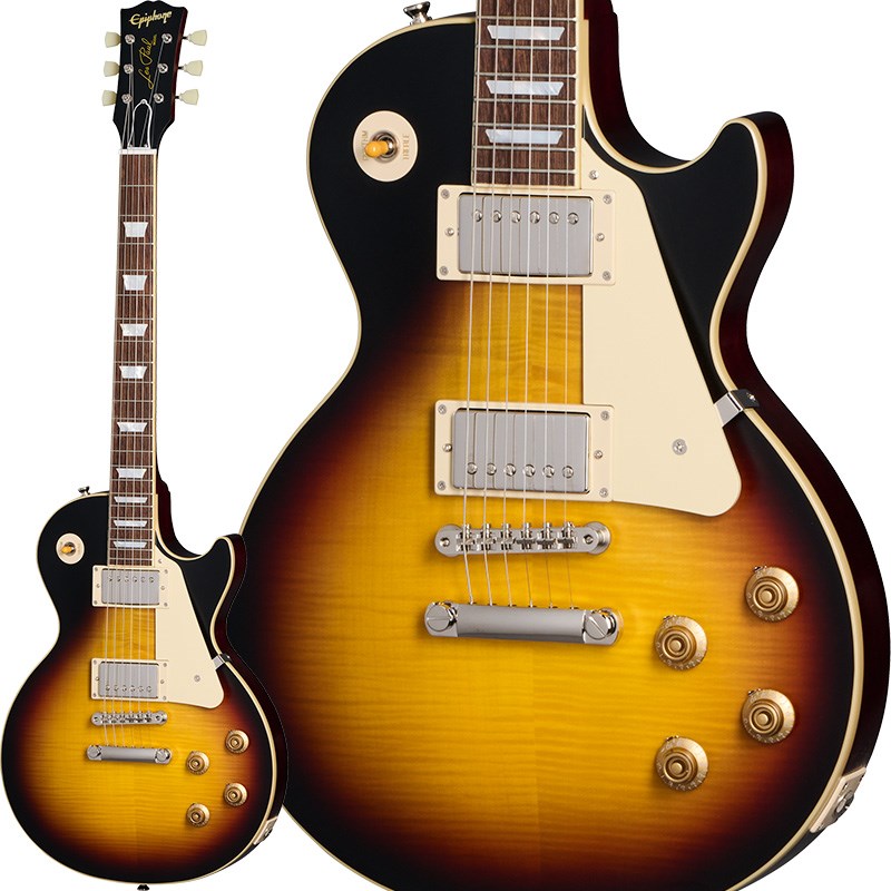 Epiphone Inspired by Gibson Custom Seriesギブソン カスタムショップとの緊密な連携により、エピフォン1959 Les Paul Standardは希少な1959年製モデルの忠実な再現に成功しました。マホガニー・ボディにフィギュアドメイプル・トップ（AAAグレードのフレイム・メイプル化粧板）の材構成を持ち、ロング・ネック・テノン仕様でジョイントされた'59ラウンデッド・ミディアムCプロファイル・ワンピースマホガニー・ネック、ギブソンスタイルのオープンブックR9ヘッドストックシェイプを採用しています。さらに、VOS（ヴィンテージ・オリジナル・シーン）フィニッシュ、Gibson Custombuckerハムバッキング・ピックアップ、Switchcraftセレクタースイッチと1/4出力ジャック、CTSポット、50年代風のワイヤリング、Malloryコンデンサー、オリジナル同様にベベル加工が施されていないピックガード、エピフォン・デラックスヴィンテージ・チューナー（キーストンボタン付き）等、充実した仕様を誇ります。外張りがブラウン色で内張りがピンク色のヴィンテージスタイルのハードケースが付属となります。※画像はサンプルです。製品の特性上、杢目、色合は個体ごとに異なります。BodyShape: Les PaulMaterial: MahoganyTop: Maple with AAA Flame Maple VeneerWeight Relief: N/ABinding: Single Ply， Top and FretboardNeckNeck: One Piece MahoganyProfile: 1959 Rounded Medium CNut width: 43mmFingerboard: LaurelScale length: 628.65mmNumber of frets: 22Nut: Graph TechInlay: Mother of Pearl TrapezoidHardwareBridge: ABR-1Tailpiece: Gibson Historic Reissue Stop BarTuners: Epiphone Deluxe with Keystone ButtonsPlating: NickelElectronicsNeck pickup: Gibson CustombuckerBridge pickup: Gibson CustombuckerControls: 2Volume， 2Tone; CTS Potentiometers， Mallory Capacitors， 50s WiringCaseCase: Hardshell with Brown Exterior PinkInterior and Inspired by Gibson Custom Graphicsイケベカテゴリ_ギター_エレキギター_Epiphone_レスポール_新品 JAN:4570156001764 登録日:2024/04/01 エレキギター エピフォン レスポール