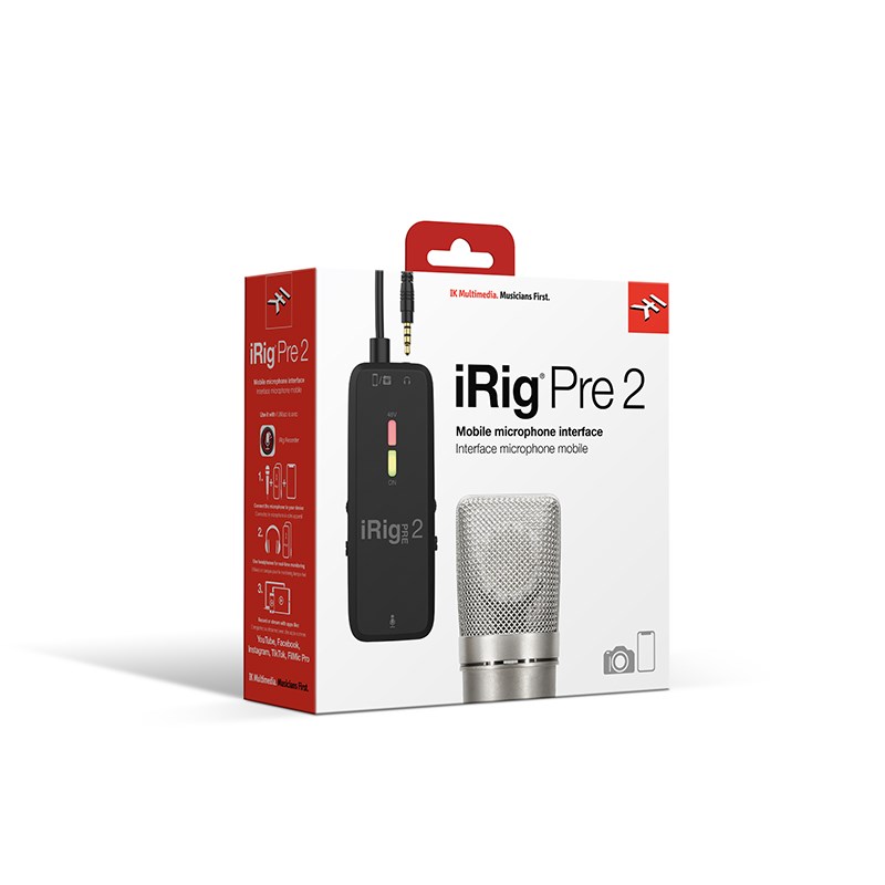 あらゆるモバイルデバイスに高品位プリアンプをiRig Pre 2 は、ベストセラーとなった iRig Pre の後継モデルです。入力信号をリアルタイムにモニターできるダイレクトモニター機能や、デジタルカメラ接続時の最適化など、使いやすさはそのままに、各部が進化しています。iRig Pre 2 を使えば、ポッドキャストや YouTube の収録、各種ライブストリーミングや Clubhouse の配信などで、あらゆるタイプのXLRマイクを iPhone*、iPad、Android デバイス**で使用できます。多くのミュージシャンはもちろん、ユーチューバーをはじめとするストリーミング配信を行うクリエイターは、高品位なサウンドを目指してXLR端子を装備する本格的なマイクを使用することが多いはずです。しかし、このようなマイクは、モバイルで使用するには接続の面で敷居が高いのが現実です。例えばコンデンサーマイクにファンタム電源を供給したり、XLR端子を用意したりするためだけに、マイクプリアンプを搭載したオーディオインターフェイスが必要になり、その結果それらを中心としたシステムを組むためにラップトップのコンピューターが必要になってしまいます。その点、iRig Pre 2 はアナログ接続のモバイルデバイス用マイクプリアンプ/オーディオインターフェイスなので、取り付けるだけでiPhone*、iPad、Androidデバイス**、デジタル一眼レフカメラにXLR端子のマイクを接続することができます。*Apple純正のLightning - 3.5 mmヘッドフォンジャック・アダプタ（TRRS）が必要です。**音声の入出力に対応した4極のTRRSプラグに対応したデバイスでご利用いただけます。- スマートフォン、カメラで使える、XLRインターフェイスポッドキャスト、歌や楽器のレコーディング、インタビュー、動画の撮影など、iRig Pre 2は、モバイルデバイスにXLRマイクを接続する、最も簡単なソリューションです。スマートフォンの4極ヘッドセット端子、デジタル一眼カメラの3極マイク入力と、接続機器を自動認識して使える3.5mm端子が採用されているので、あらゆる現場に適応します。- コンデンサーマイクにも対応クオリティにこだわる方は、外出先でもコンデンサーマイクを使いたいでしょう。 iRig Pre 2なら単三乾電池2本で、約7時間のファンタム電源の供給が可能です。ファンタム電源対応といいながら、+32Vしか供給できずにマイクのパフォーマンスを低下させているモバイルマイクプリアンプも多く存在します。iRig Pre 2ならばプロ機器同様の+48Vのファンタム電源を供給できます。なおダイナミックマイクを使用する場合は、ファンタム電源をオフにすることで最大20時間の使用が可能です。- ダイレクトモニターに対応クリティカルな録音、収録、配信を行う場合、事前にiRig Pre 2の入力Gainダイヤルで最適なレベルになるよう調整して、収録中も入力音を確認したいと思います。一方では、iOS標準のカメラ、ボイスメモ、Clubhouseなどの入力音のリアルタイムモニターに対応していない収録、配信アプリが多く存在します。そんなときには、バックグランド動作可能なリアルタイムモニター対応アプリを常時起動するなど、裏技的な対応が必要でした。しかしこのiRig Pre 2なら、本体のDirect Monitorスイッチをオンにするだけで、入力音をヘッドフォンアウトに接続したモニターでリアルタイムに確認可能です。- ベルクロテープで設置可能iRig Pre 2の背面にはスロットがあり、ベルクロテープでマイクスタンドやカメラグリップなどに取り付け可能。IK Multimediaのスマートフォン用スタンドiKlip Grip Proやスマートフォンやタブレットをマイクスタンドに設置可能なiKlipシリーズと合わせて使うことで、あらゆる場所で撮影、収録セットを設営することができます。- プロ対応の純正アプリも無償提供iRig Pre 2は、iOS標準のカメラ、Clubhouse、Instagramライブ、Line Liveなど多くのアプリでお使いいただけますが、IK Multimediaではプロ対応の純正アプリも用意しています。高精細な入力レベルメーターが装備され、入力ゲインが最適なレベルになっているか視覚的に確認しながら収録可能なiRig RecorderLE（iOS）、iRig Recorder 3（Android）。リバーブなどのボーカル・エフェクト、2トラック・レコーダーを装備したVocaLive CS（iOS）。ともにApp Store、Goolge Playより無償でダウンロードしていただける他、アプリ内課金にてさらに高度な編集、エフェクト、レコーダー機能をアンロックすることもできます。○iRig Pre 2の主な仕様・周波数特性：20 Hz 〜 20 kHz、±1.5 dB・EIN（@ 最小ゲイン）: -113.5 dBA・EIN（@ 最大ゲイン）: -92.4 dBA・THD + N : -90 dBA / 0.003％・ゲインレンジ : 48 dB・ファンタム電源最大電流 : 6 mA・バッテリー持続時間（単3形アルカリ乾電池）: ファンタム電源がオフの場合は約20時間、オンの場合は約7時間・外形寸法：40×110×34 mm・本体重量：75 g（乾電池を除く）・ケーブル長：40 cm※ベルクロストリップ、単三乾電池×2本付属○iRig Pre 2のデバイスとの互換性・iOS / Android デバイス：CTIA / AHJ配線規格*に準拠した1/8インチ / 3.5mm標準ヘッドセット入力（オンボードまたはアダプター経由）を備えたiPhone、iPad、iPod touch、およびAndroidデバイスで使用可能です。・DSLRカメラ：1/8インチ / 3.5 mm端子のマイク入力を備えたほとんどのDSLRカメラと互換性があります。*CTIA / AHJ配線規格TRRS仕様のプラグで、先端からHP Left、HP Right、Ground、Micの順の配線○iRig Pre 2にバンドルされるモバイルアプリ・iOSデバイス用- iRig Recorder LEビデオもサポートするプロフェッショナルなオーディオ録音/編集アプリ- VocaLive CS for iPhoneリアルタイムボーカルプロセッサー/録音アプリ- VocaLive CS for iPadリアルタイムボーカルプロセッサー/録音アプリ・Androidデバイス用- iRig Recorder 3 for Androidビデオもサポートするプロフェッショナルなオーディオ録音/編集アプリイケベカテゴリ_レコーディング＆PA機器_D.I.. D.I.／プリアンプ_IK Multimedia_新品 JAN:4530027193783 登録日:2021/02/22 ダイレクトボックス DI プリアンプ IKマルチメディア IK