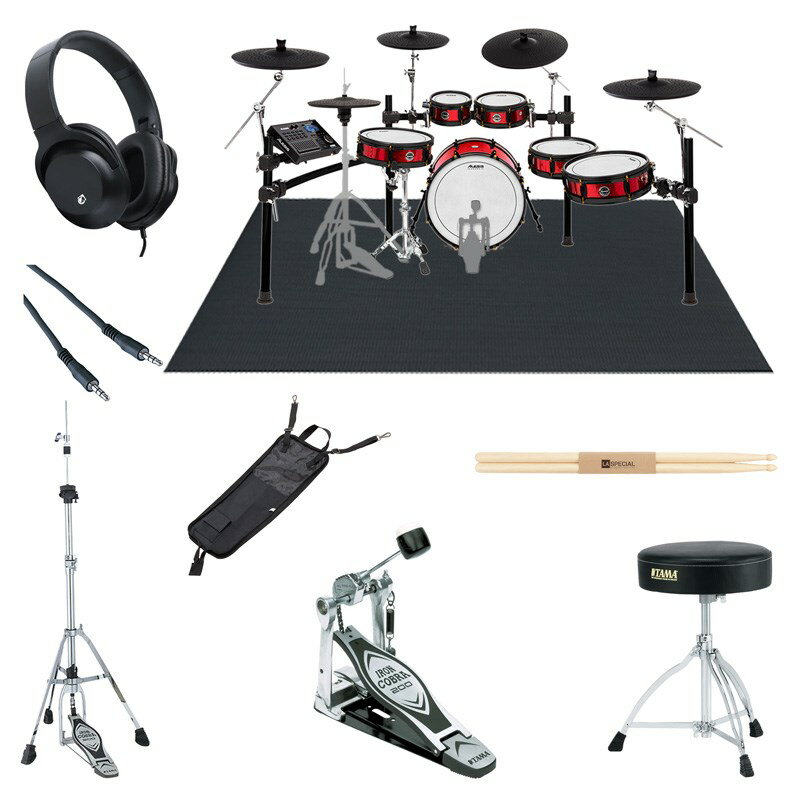 ☆これから電子ドラムを購入される方にオススメのイケベ・オリジナル・スターターセット☆【STRIKE PRO SPECIAL EDITION Extra Set / Single Pedal】電子ドラム本体（スネアスタンド付属）に、シングルペダル、ハイハットスタンド、スローン（ドラムイス）、ドラムスティック、スティックバッグ、ヘッドフォン、ステレオミニケーブルをセットにし、さらにドラムマットを加えたお買い得なセットです！ALESIS STRIKE PRO SPECIAL EDITIONでエレドラを始めたいならこのセットがオススメ！これさえ買えばすぐにドラム演奏が始められますよ！＜セット内容＞●電子ドラム---------------＜ALESIS STRIKE PRO SPECIAL EDITION＞●シングルペダル-----------＜TAMA Iron Cobra 200 [HP200P]＞●ハイハットスタンド-------＜TAMA Iron Cobra 200 [HH205S]＞●ドラムスローン（イス）--＜TAMA HT130＞●スティック----------------＜ヒッコリー材＞●ヘッドフォン--------------＜Kikutani KHP-001＞●スティックバッグ---------＜Kikutani ADWC-BAG-4＞●ステレオミニケーブル --＜TECH SM-1.5＞●ドラムマット--------------＜Ikebe Original Mat＞※電子ドラム本体以外の付属品は、在庫状況により同等品または同等品以上に代えさせて頂く場合がございます。あらかじめ御了承下さいませ。======================================================ALESIS STRIKE PRO SPECIAL EDITION【フルサイズ20 インチ・キックパッド、最高の打感を追求した新世代メッシュヘッド、オールラウンド /高性能モジュールで構成された11ピース電子ドラムキット】「Alesis Strike Pro Special Editionにより電子ドラムへの期待値は今まで以上に高いものになるでしょう。」とAlesisのドラム開発ディレクター、ジョン・エムリッチは述べています。「『まあ、電子ドラムにしてはいいんじゃない』という時代は終わりました。今後は『このキットでの演奏は楽しくて素晴らしい！』とドラマー達に言われるようになるでしょう」※画像はイメージです。＜Strike Pro Special Edition＞Strike Pro Special Edition は 20 インチのフルサイズキックパッドを採用し、最高のレスポンスと打感を追求した最新のメッシュヘッド、様々なシーンにオールラウンドに対応する高性能ドラムモジュールで構成された電子ドラムキットです。フルサイズキックの採用によりこれまでにないレスポンスと打感を実現。従来の電子ドラムのイメージを覆すリアルな演奏性と表現を楽しめます。＜アコースティックドラムのビジュアル&フィーリング＞革新的なドラムパッドとシンバルのデザインが特徴的であったオリジナルのStrike Kitをベースに、20インチのキックドラムを採用することで、レスポンスが良く安定した演奏感を更に高めました。これにより、演奏性だけではなく視覚的にも慣れ親しんだアコースティックドラムと同様となり電子ドラムに「慣れる」必要がなくなりました。新デザインのメッシュヘッドフルサイズのキックによる演奏感の向上に加え、レスポンスの向上した最新のメッシュヘッドデザインと、スネア及びすべてのタムに採用されたデュアルゾーン技術により、更に自然なプレイが可能となりました。Alesisの新世代メッシュヘッドはパワフルなグルーヴから歯切れのよいフィルインまで、思いのままの演奏が可能です。＜上質なシンバル・パフォーマンス＞3ゾーン・16インチ・ライド / 14インチ・クラッシュ / 14インチ・可動ハイハットのフィーリングとパフォーマンスは非常にリアルです。シンバルの素材には演奏性の高い厚手のラバーを採用しました。高級感のあるハンマリングマーク付きのルックスで、フィーリング、コントロール、リバウンド、高い音量バランスに加え、サイズアップされたベル部分により演奏性も向上。また従来の電子シンバルと比較して静粛性にも優れ、深夜練習にも適しています。新しいハイハットはレスポンスが速く堅牢な構造になっており、テクニカルかつ繊細なタッチを表現可能。新たなスタンダードとなるハイハットとなっています。＜ハイブリッド・ウッドシェル＞ラグはアコースティックドラム同様シェルに直接取り付けられています。これによりダイレクトにポジションの調整が可能となり、Strike Pro Special Editionが他の電子ドラムと一線を画す要素となっています。スネアとタムにはアコースティックドラムでは標準サイズとなる (8 / 10 / 12 / 14インチ) ハイブリッド・ウッドシェルが採用されており、アコースティックドラムと比較して演奏する際の違和感が非常に少なく、普段どおりの演奏が可能です。サウンドと同様キットのルックスも重要です。Strike Pro Special Editionは印象的なブラックのハードウェアとゴールドのテンションロッド、よりアコースティックドラムに近いヘッドのデザインを採用、そのサウンドにマッチしたルックスとなっています。＜Strike Performance Module＞Strike Performance ModuleはAlesis史上もっともオールラウンドで高性能なモジュールです。1，800以上のインストゥルメントと45，000のサンプルから構成された136のキットを内蔵しています。サンプリング機能、16GB エクスターナルSDカードスロット、USB / MIDIを搭載しており、お使いの音楽制作ソフトやStrikeエディターと組み合わせてご使用になれます。エディターを使用すると、ユーザーのオリジナルサンプルを複数のベロシティレイヤーやラウンドロビン・インストゥルメントに割り当てオリジナルのドラムキットを構築し、USBでモジュールに転送することができます。これらの機能は4.3インチのカラーLEDスクリーンにより、簡単かつ高いプログラマビリティを実現しています。・高速かつ自然なレスポンスを実現する新デザインのメッシュヘッド・先進のアーティキュレーションシステム (特許取得済)・フルサイズ20インチキックドラムパッド・ハイブリッド・ウッドシェル14インチ・デュアルゾーンメッシュスネア（スネアスタンド付属）・ハイブリッドウッドシェル 8/10/12/14インチ・デュアルゾーンメッシュタム・ハンマーマークド・フルラバーパッド 16インチライドシンバル(3ゾーン)・ハンマーマークド・フルラバーパッド・チョーク付 14インチクラッシュシンバルx 3・ハンマーマークド・フルラバーパッド 14インチハイハットシンバル・オリジナルキットやインストゥルメントを作成するStrikeエディターソフト付属(ダウンロード)・4.3インチカラーLEDスクリーン搭載　Strike Performance Module・1，800以上のドラム/パーカッションサウンド / 136キット・45，000サンプルサウンドと.wavファイルのロード機能(16GB SDカード付属)・プレミアム4ポスト・ドラムラック外装サイズ　(W x D x H)・Box1 - 43.9 x 61.0 x 105.5cm・Box2 - 43.0 x 60.0 x 60.0cm外装重量 ・Box1 - 52.5kg・Box2 - 11.5kg製品重量 ・Box1 - 42.5kg・Box2 - 8.5kg ※本商品は大型商品の為、専用便でのお届けとさせて頂きます。離島や遠隔地、お届け先の構造によりましては、配送がお受けできない場合があり、また専用便の都合上、配達時間帯指定、代金引換での決済はお受け出来かねます旨、予めご了承いただきますようお願い申し上げます。詳しい配送日等につきましては、ご注文後のご案内をご確認頂くか、事前にお電話またはメールにてお気軽にお問合せ下さい。イケベカテゴリ_ドラム_エレクトリックドラム_ALESIS_新品 登録日:2020/03/28 電子ドラム デジタルドラム エレドラ アレシスアレシス