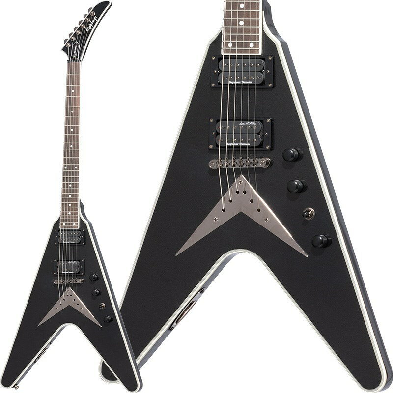 新品チョイキズ特価！！Dave Mustaine Flying V Customデイヴ・ムステインは、伝説的なギタリスト/ボーカリスト/ソングライターであり、マルチプラチナアルバムを達成しグラミー賞を受賞したバンド、MEGADETHの創設者です。新たにリリースされるEpiphone Dave Mustaine Flying V Customは、デイブの名を冠する既出のシグネチャー・モデル同様に、パワフルでヘビーなサウンドと卓越した演奏性をプレイヤーにもたらします。24.75インチスケールのマホガニーネックは24フレット仕様であり、ミディアムジャンボフレット、エボニー指板、Explorerスタイルのヘッドストック形状、Groverミニロトマチックチューナー、Graph Techナットが採用されています。マホガニー材によるFlying Vスタイルのボディには、Lock Tone Tune-O-Maticブリッジ、裏通しタイプのFlying Vテールピース、Daveのシグネチャー・ピックアップであるSeymour Duncan Thrash Factorピックアップが搭載されており、ムステインのシグネチャー・モデルに相応しい高出力なギターサウンドを提供します。ヘビーメタルを想起させるルックスには、精悍な印象を与えるブラックメタリック・フィニッシュとギター全体に施されたホワイトバインディングの絶妙なコントラストが一役買っています。ブラックニッケル・ハードウェア仕様で、ハードシェルケースが付属となります。※画像はサンプルです。製品の特性上、杢目、色合いは一本一本異なります。BodyMaterial: MahoganyBinding: Multi-ply Body & Headstock， Single-ply FretboardNeckNeck:MahoganyProfile: Artist ProfileNut width: 1.693 / 43mmFingerboard: EbonyScale length: 24.75 / 628.65mmNumber of frets: 24 Nut: Graph TechInlay: DotHardwareBridge: LockTone Tune-O-MaticTailpiece: Flying V String ThruKnobs: Knurled Black MetalTuners: Grover Mini RotomaticsPlating: Black NickelElectronicsNeck pickup: Seymour Duncan Dave Mustaine Signature Thrash Factor Bridge pickup: Seymour Duncan Dave Mustaine Signature Thrash FactorControls: 2 Volume， 1 Toneハードケース付属イケベカテゴリ_ギター_エレキギター_Epiphone_ミュージシャンズ モデル_アウトレット JAN:4580568431240 登録日:2024/04/12 エレキギター エピフォン