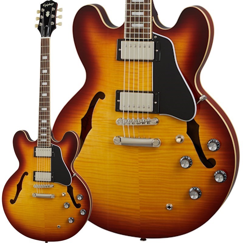 Epiphone Inspired By Gibson Collectionエピフォン・インスパイアードバイ・ギブソンは2つのカテゴリーで展開されます（オリジナル/モダンコレクション）。コチラのエピフォン・オリジナル・コレクションは、誕生以来エピフォンのアイコンとしてプレイヤーやミュージックシーンを支えてきたクラシックなアコースティックとエレクトリックの新しいギター・ラインナップです。カラマズーヘッド・ストックと呼ばれる新しいヘッドシェイプを採用。クラシックなルックスながらも、長年エピフォンブランドで培ったエレクトロニックスやその他技術などを採用しています。1958年の初登場以来、60年以上にわたって世界中のギタープレーヤーを驚かせてきた歴史的なモデル「ES-335」がエピフォンよりリニューアルして登場！こちらは、フレイムメイプルベニアをボディートップとバックに採用し高級感溢れるルックスに仕上られた「ES-335 Figured」で御座います。レイヤードメイプルのボディにソリッドメイプルトーンブロックを組み合わせて作られたセミホロウモデルです。セミホロウボディ特有のサスティーンや温かみのあるサウンド、共鳴感はもはや説明不要のアイデンティティです。ピックアップに採用されたAlnicoClassicPROハムバッカーは幅広いビンテージサウンドを出力します。プレイアビリティの高い丸みの帯びたCシェイプネックは本来のGibsonサウンドを再現する力強い手助けとなるでしょう。ヘッドストックには60年代スタイルのカラマズー形状がセレクトされております。※画像はサンプルとなります。製品の特性上、杢目・色合いは1本1本異なります。BodyBody Shape:ES-335Body Material:Layered Maple AAA Flame VeneerTop:Layered Maple AAA Flame VeneerBack:Layered Maple AAA Flame VeneerSide:Layered MapleCenterblock:MapleBinding:Single ply cream - top back and fretboardNeckMaterial:MahoganyProfile:Rounded CScale Length:24.724Fingerboard Material:Indian LaurelFingerboard Radius:12Number Of Frets:22Frets:Medium JumboNut Material:Graph Tech NuBoneNut Width:1.69End of Board Width:2.24Inlays:Small BlockJoint:Glued in Set NeckHardwareFinish:NickelTuner Plating:NickelBridge:LockTone Tune-O-MaticTailpiece:LockTone Stop BarTuning Machines:Epiphone DeluxePickguard:Gibson ES-335 Shape Black 5-plyTrussRod:Dual ActionTruss Rod Cover:2-ply BellControl Knobs:Black Top Hat knobs with metal insertsSwitch Tip:CreamStrap Buttons:2 - bottom and heelMounting Rings:BlackElectronicsNeck Pickup:Alnico Classic PROBridge Pickup:Alnico Classic PROControls:2 Volume 2 Tone CTS potentiometersPickup Selector:3-way toggleOutput Jack:Heavy Duty Epiphone 1/4 output jackMiscellaneousStrings:.010 .013 .017 .026 .036 .046ソフトケース付属イケベカテゴリ_ギター_エレキギター_Epiphone_アーチトップ_新品 JAN:4580568418128 登録日:2023/10/20 エレキギター エピフォン セミアコ フルアコ