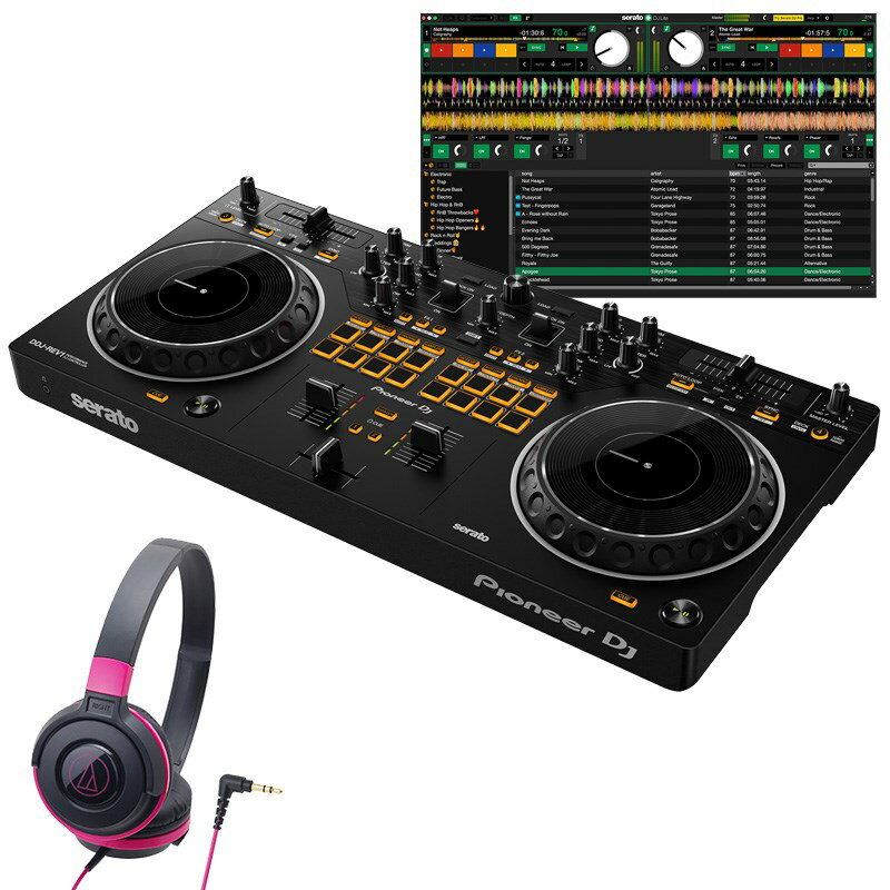 ★Serato DJ Lite対応のスクラッチスタイル2chDJコントローラーの入門モデルと入門用ヘッドホンを組み合わせたセットです。ATH-S100ヘッドホンは小型軽量のモデルで、ご自宅でのDJ練習などに最適です。★---【セット内容】・コントローラー Pioneer DJ DDJ-REV1・ヘッドホン audio-technica ATH-S100BPK●DJコントローラーDDJ-REV1はプロフェッショナル仕様のレイアウトで、バトルDJのような本格的なスクラッチやクイックミックスを楽しむことができます。TEMPO SLIDERは縦置きしたターンテーブルと同じようにデッキ上部に水平に配置、ミキサー部にはPERFORMANCE PADSとLEVER FXを搭載しています。■DDJ-REV1主な特徴・スクラッチとクイックミックスに最適なレイアウトDJコントローラーとしては初めて、TEMPO SLIDERがデッキ上部に水平に配置されました。またPERFORMANCE PADSとLEVER FXがミキサー部に搭載され、エフェクトやSAMPLER、スクラッチやクイックミックスの操作が容易になりました。・LEVER FXの搭載ミキサーセクションにLEVER FXが搭載され、レバーのオン/オフ操作だけで直感的かつダイナミックにSerato DJ Liteのエフェクトを加えることができます。・本格的なスクラッチ演奏を手助けする、TRACKING SCRATCH機能TRACKING SCRATCH機能を使用することで、スクラッチの経験があまりなくても、手軽に本格的なスクラッチを楽しむことができます。スクラッチの頭出しの位置にHOT CUEを設定することで、ジョグの折り返し動作時やジョグから手を離した瞬間に自動的にスクラッチの頭出しの位置に楽曲が戻るため、頭出しの位置の心配をすることなくスクラッチが楽しめます。・主な仕様対応ソフトウエア：Serato DJ Lite、Serato DJ Pro（有償）システム要件：Serato DJ Lite、Serato DJ Proの最新の動作環境はメーカーサイトにてご確認の上、お求め下さい。入力端子：1 MIC (1/4 inch TS Jack)出力端子：1 MASTER (RCA)、1 PHONES (3.5-mm stereo mini jack)電源：USB Type-B bus poweredUSB：1 USB B端子本体サイズ：幅526mm、高さ59.2mm、奥行き255.5mm本体質量：2.1 kg付属品：USBケーブル（A-Bタイプ）、クイックスタートガイド●ヘッドホンこちらのDJセットにはDJモニター用としてaudio-technica ATH-S100ヘッドホンが付属。自宅で使用するDJモニターとして適度な使い勝手と音質です。---・ヘッドホン付属のセットですので外部に音を出力しない状態でもすぐに音楽が楽しめます。初心者の方がDJをスタートさせるのに適したSerato DJ Lite対応のDJスタートセットです！※DJソフトウェアの最新動作環境はメーカーサイトもしくはメーカーサポートにてご確認の上、お求め下さい。※DJソフトウェアをご使用いただくにはインストーラのダウンロード時、およびオーサライズ時におきましてインターネット接続環境が必要です。DJソフトウェアおよびコントローラー本体の仕様・動作環境、および価格は、予告無く変更となる場合があります。※店頭、または通信販売にて売却後、敏速な削除は心掛けておりますが、web上から削除をする際どうしてもタイムラグが発生してしまいます。万が一商品が売切れてしまう場合もございますので予めご了承ください。イケベカテゴリ_DJ機器_デジタルDJ_Pioneer DJ_新品 JAN:4573201242440 登録日:2023/02/17 デジタルDJ PCDJ DJコントローラー パイオニア パイオニアDJ