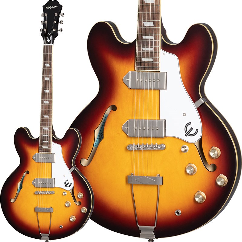 Epiphone 150周年記念モデル1961年以来、カジノはエピフォンの伝説的なベストセラー・アーチトップとして、ロックンロールのスタンダードであり続けています。 カジノは1961年の発売当初、ミシガン州カラマズーの新工場で設計・生産された新しいシンライン・アーチトップ・シリーズ内の1モデルに過ぎませんでした。その工場は、かつてのライバルであり当時パートナーシップ関係を結んだばかりのギブソンと共用する環境でした。その後、ローリング・ストーンズの1965年のアメリカツアー中、シカゴのチェス・レコードでSatisfactionのデモを録音する際にキース・リチャーズがカジノを使用したことで状況は一変して行きます。ハウリン・ウルフは最初のイギリスツアーでカジノを使用してTV番組サンク・ユア・ラッキースターズに出演しました。その直後、ビートルズのジョン・レノンとジョージ・ハリスンは1966年のワールドツアーのためにカジノを購入し、その後の状況は皆さんご存知の通りです。 エピフォンPRO P-90ドッグイアー・シングルコイル・ピックアップ、5層メイプルボディを採用。ナチュラル、ヴィンテージ・サンバーストの2色をラインアップ。エピフォン・プレミアムギグバッグが付属となります。※画像はサンプルです。製品の特性上、杢目、色合いは一本一本異なります。BodyShape: CasinoMaterial: Layered MapleBinding: Single-ply Top， Back ， and NeckNeckNeck: MahoganyProfile: SlimTaper (TM) 60s CNut width: 1.69/43mmFingerboard: Indian LaurelScale length: 24.75/1628.65mmNumber of frets: 22Nut: Graph TechHardwareBridge: LockTone Tune-O-MaticTailpiece: Diamond TrapezeKnobs: Gold Top Hat with Silver InsertsTuners: Epiphone Vintage DeluxePlating: NickelElectronicsNeck pickup: Epiphone PRO P-90Bridge pickup: Epiphone PRO P-90Controls: 2 Volume， 2 Toneギグケース付属イケベカテゴリ_ギター_エレキギター_Epiphone_アーチトップ_新品 JAN:4580568432421 登録日:2023/05/21 エレキギター エピフォン セミアコ フルアコ