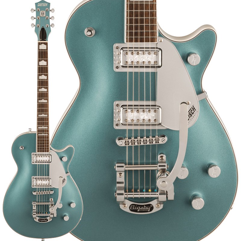 Gretschの140周年Double Platinum記念モデル、Limited Edition G5230T-140 Electromatic 140th Anniversary Jet FT Single-Cut with Bigsby は、グレッチの歴史を象徴する仕様と、現代のプレイヤーにとって必要不可欠な機能を備えています。主な特徴：・チェンバードメイプルトップのマホガニーボディ・低めにセッティングされたThin Uマホガニーネック・12インチラジアスローレル指板、22本のミディアムジャンボフレットとパーロイドハンプブロックインレイ・FT-5E Filter’Tron ハムバッカーを搭載・トレブルブリード回路付きマスターボリューム、マスタートーン、各ピックアップのボリュームコントロール・Bigsby B50 Vibrato テイルピース・固定式Adjusto-Matic ブリッジ・140周年記念プレート付きマッチングヘッド・クロムハードウェア・Pearl Platinum のボディバック＆サイドにStone Platinum のボディトップを重ねた2トーンカラーフィニッシュを用意製品ハイライト：【メイプルトップのチェンバードマホガニーボディ】G5230T-140 は、メイプルトップをあしらったチェンバードマホガニーボディ構造を採用し、リッチなロー／ミッドと、滑らかで存在感のあるハイエンドを生み出し、バランスのとれた深みのあるトーンを提供します。【FT-5E Filter’Tron ピックアップ】FT-5E Filter’Tron ハムバッカーは、G5230T-140 のチェンバードボディから得られるトーンをエンハンスし、パンチのあるフルボディサウンド、クラシックな煌びやかさ、豊かなプレゼンスと高い明瞭度を実現します。【多彩なコントロール】各ピックアップのボリュームコントロール、マスタートーン、トレブルブリード回路付きマスターボリュームを備え、直感的なサウンド設計が可能です。【140周年記念仕様】G5230T-140は、Pearl Platinum のボディバック＆サイドにStone Platinum のボディトップを重ねたフィニッシュで、ピックガードとピックアップベゼル、クロムハードウェア、140周年記念ヘッドプレートが付いたマッチングヘッドストックといった特別な仕様でまとめ上げられています。※製品仕様は予告なく変更となる場合があります。予めご了承ください。※画像はサンプルです。商品の特性上、木目や色合いは1本1本毎に異なり、お選び頂くことは出来ません事、予めご了承下さいませ。NeckNECK MATERIAL:MahoganyNECK SHAPE:Thin UNECK FINISH:GlossNECK CONSTRUCTION:Set-NeckFINGERBOARD RADIUS:12 inch (305 mm)FINGERBOARD MATERIAL:LaurelPOSITION INLAYS:Pearloid Hump BlockNUMBER OF FRETS:22STRING NUT:Synthetic BoneNUT WIDTH:1.6875 inch (42.86 mm)NUT MATERIAL:Synthetic BoneBODY:MahoganyBODY FINISH:GlossBODY SHAPE:JetBODY MATERIAL:Arched Laminated Maple Top / Mahogany BackHardwareBRIDGE:Anchored Adjusto-MaticPICKUP COVERS:ChromeCONTROL KNOBS:G-ArrowSWITCH TIP:ChromeHARDWARE FINISH:ChromeTUNING MACHINES:Die-CastSTRINGS:Nickel Plated Steel (.010-.046 Gauges)STRAP BUTTONS:Knurled Strap Retainer KnobsElectronicsBRIDGE PICKUP:FT-5E Filter’TronNECK PICKUP:FT-5E Filter’TronPICKUP CONFIGURATION:Filter’Tron / Filter’TronCONTROLS:Volume 1. (Neck Pickup)， Volume 2. (Bridge Pickup)， Master Volume， Master ToneSWITCHING:3-Position Toggle: Position 1. Bridge Pickup， Position 2. Bridge and Neck Pickups， Position 3. Neck Pickupソフトケース付属イケベカテゴリ_ギター_エレキギター_GRETSCH_Jet_新品 JAN:0717669878337 登録日:2024/03/24 エレキギター グレッチ ジェット