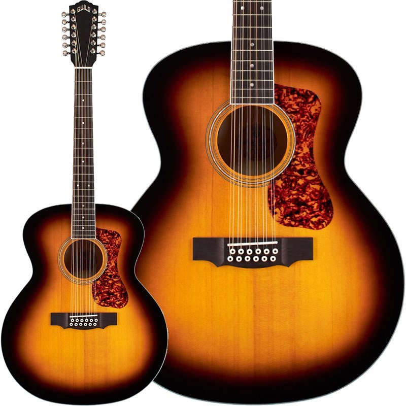 店頭チョイキズ超特価！[Guild Acoustic Guitar Westerly Collection]伝統あるギルドらしさを継承しながらもコストパフォーマンスの高さを持ったと評価の高い「Westerly Collection」で、大きくて丸みのあるGUILD伝統的なジャンボボディ、そして12弦仕様の「F-2512E DELUXE」です。F-2512Eデラックスはボディのウッドマテリアルがソリッド・スプルーストップに美しいフレイムメイプルバック＆サイドの組み合わせで、歯切れ良く低音レスポンスの良い力強いサウンドを奏でます。マザーオブパールロゼッタ、パーフェロー指板とブリッジ、そして美しいグロス仕上げがこのギターの美しさをより引き立て、ボディのカッタウェイはハイフレットでの演奏性を高めます。プラグドでも自然なサウンドを奏でるヴォリュームとトーンのコントロールが付いたFishman Sonitoneピックアップを搭載し幅広い現場で活躍できるモデルです。※画像はサンプルです。製品の特性上杢目は一本一本異なります。Body Shape : JumboTop : Solid Sitka SpruceBracing : Scalloped Sitka SpruceBack & Side : Flane MapleBody Binding : White ABSNeck : African MahoganyNeck Shape : C ShapeScale Length : 25 1/2″ (648mm)Nut Width : 1 7/8″ (48mm)Nut Material : NuBoneFingerboard : Pau FerroFingerboard Radius : 16″ (406mm)Fingerboard Inlays : 5mm Dots Mother-Of-PearlNumber of Frets : 20Tuning Machines : Guild Tuning Machine GBB2 Butterbean 18:1 NickelHardware Finish/Plating : Nickel-PlatedTruss Rod : Dual ActionBridge : Pau FerroSaddle : NuBoneBridge Pins : Ivory Colored PlasticPickguard : TortoiseshellElectronics : Guild / Fishman Sonitone GT-1 with Volume and Tone controlsギグケース付きイケベカテゴリ_アコースティック／エレアコギター_エレクトリックアコースティックギター_GUILD_アウトレット JAN:0809870307567 登録日:2024/02/11 エレアコ ギルド