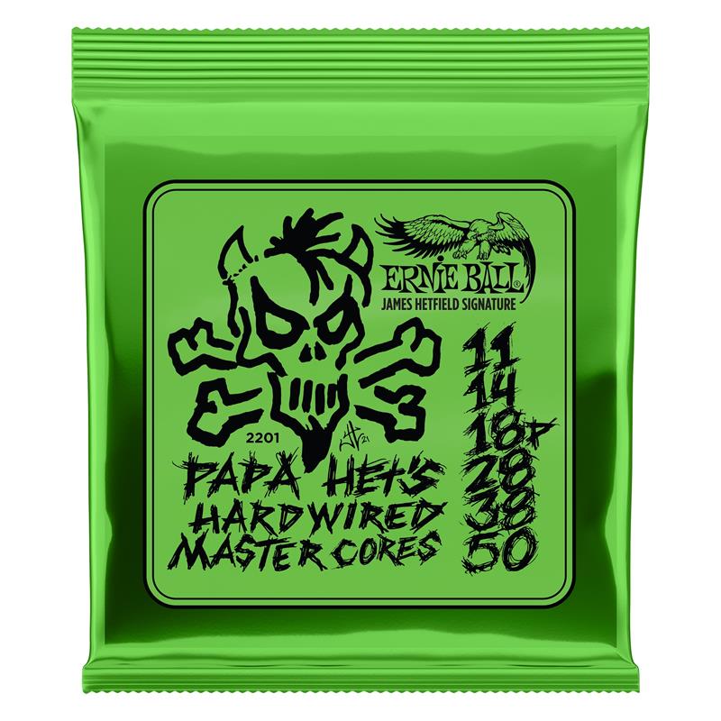 ■商品紹介Papa Het's Hardwired Master Core Signature StringsPapa Het's Hardwired Master CoreのシグネチャーストリングセットはMETALLICAのJames Hetfield（ジェームズ・ヘットフィールド）と過去10年に渡り共同開発され、彼のアグレッシブなプレイスタイルとテクニックに最適に応えるために作られました。本セットはジェームズが好むゲージを採用し、より太いParadigmコアワイヤーにニッケルプレーテッドスチールの巻線、さらに独自のエバーラストナノトリートメントを施しています。プレーン弦には、強度とチューニング安定性を高めるため、ボールエンド部にブラス補強を施したParadigmコアワイヤーを採用しています。・ゲージ：11-14-18p-28-38-50検索キーワード：イケベカテゴリ_楽器アクセサリ_弦_エレキギター弦_ERNIE BALL_新品 SW_ERNIE BALL_新品 JAN:0749699129691 登録日:2026/03/15 エレキギター弦 ギター弦 エレキ弦 アーニーボール アニーボール