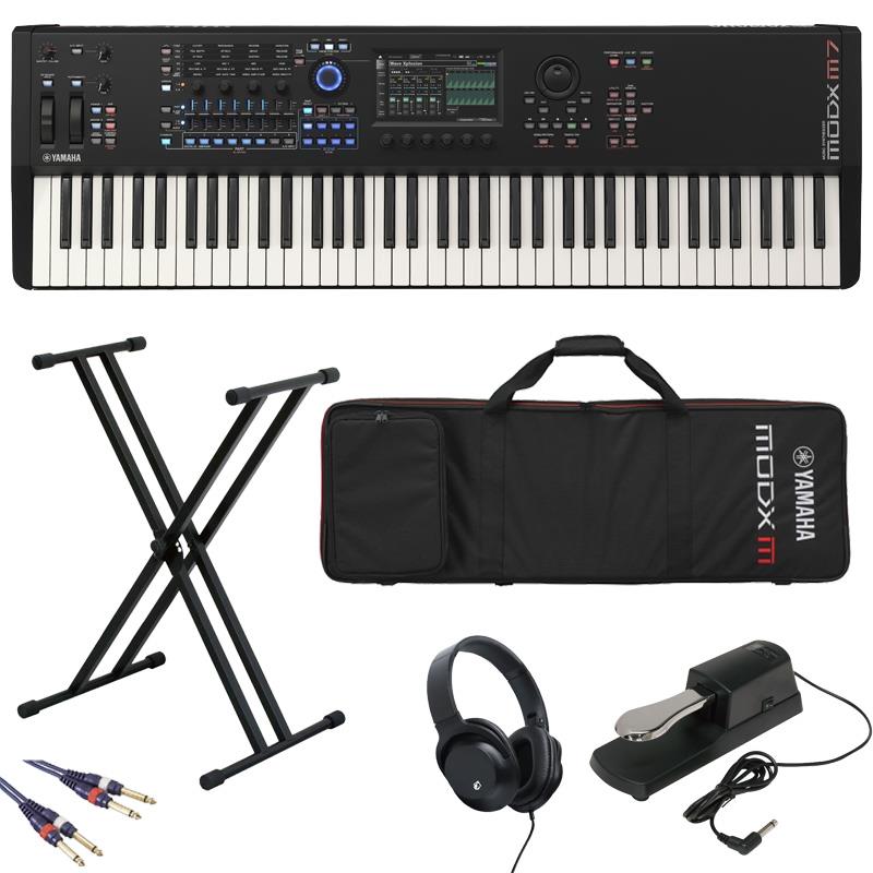 ■商品紹介※配送事項確認・代金引換は承っておりませんので、予めご了承下さいませ。・沖縄・離島へのご配送について本商品を沖縄及び離島へ発送の際は、送料別途お見積もりとなります。また、沖縄及び離島へ配送の場合、納期に1週間前後お時間を頂く場合がございます。ご注文前にお問い合わせ下さい。-----------------------------------------------［キーボード入門セット］☆これからキーボードを始めたい人や、本格的なキーボードを新しく導入したい人向けに必要な物をチョイスしたお買い得なセットです！【セット内容】■本体...YAMAHA MODX M7■ソフトケース...YAMAHA SC-MODX M7■サスティンペダル...KIKUTANI KSP-10※■ダブルX型キーボードスタンド...Kikutani KS29W※■ヘッドフォン...Kikutani KHP-001※■ケーブル...TRUE DYNA　TD-30PP※※サスティンペダル・キーボードスタンド・ヘッドフォン・ケーブルに関しましては在庫状況により代替品に変更させて頂く場合がございます。予めご了承ください。■仕様詳細■MODX M7の主な仕様鍵盤鍵盤数76鍵セミウェイテッドFSB 鍵盤 (イニシャルタッチ付）音源部音源方式Motion Control Synthesis Engine AMW2: 最大 128 エレメント FM-X: 8 オペレーター、88アルゴリズム AN-X: 3 オシレーター、1ノイズ最大同時発音数AWM2: 128音(ステレオ/モノ波形いずれも)、FM-X: 128音、AN-X: 12音マルチティンバー数内蔵音源16パート、オーディオ入力パート(A/D*1、USB*1) *1 ステレオパート波形メモリープリセット: 10.7GB相当(16bitリニア換算)、ユーザー: 1.9GBパフォーマンス数3，427フィルター18タイプエフェクトリバーブ×13タイプ、バリエーション×88タイプ、インサーションA×88タイプ *2、インサーションB×89タイプ *3、マスターエフェクト×26タイプ、*2 A/Dパート: 83タイプ、*3 パート2~16: 88タイプ、A/Dパート: 83タイプ、各エフェクトタイプにプリセットプログラム搭載マスターEQ (5バンド)、 1stパートEQ (3バンド)、 2ndパートEQ (2バンド)シーケンサー部容量1パターン/ソング約130，000音ストア領域約520，000音(パターン)、約520，000音(ソング)音符分解能四分音符/480テンポ(BPM)5〜300パターンパターン数128パターントラック16シーケンサートラック、テンポトラック、シーントラックレコーディング方式リアルタイムリプレース、リアルタイムオーバーダブ、リアルタイムパンチ再生MONTAGE M/MODX Mオリジナルフォーマット、SMFフォーマット0，1アルペジエーターパート最大8パート同時オン可プリセット10，922タイプ以上ユーザー256タイプその他ライブセット数プリセット: 256、ユーザー: 2，048主な操作子マスターボリューム、A/Dインプットゲインノブ、ピッチベンドホイール、 モジュレーションホイール、コントロールスライダー×8、 ノブ×4、スーパーノブ、ディスプレイノブ×6、ポルタメントノブ、データダイアル、アサイナブルスイッチ×2、MSEQトリガースイッチ、ポルタメントスイッチ、キーボードホールドスイッチ、 メイン画面ディスプレイ7インチ ワイド VGA TFT カラー LCD（タッチパネル付）接続端子USB [TO DEVICE]、USB [TO HOST]、MIDI [IN]/[OUT]、 FOOT CONTROLLER [1]/[2]、FOOT SWITCH [SUSTAIN]/[ASSIGNABLE]、 OUTPUT [L/MONO]/[R]（標準フォーンジャック）、 [PHONES] （ステレオ標準フォーンジャック）、 A/D INPUT [L/MONO]/[R] （標準フォーンジャック）USBオーディオインターフェースサンプリング周波数44.1kHz / 48kHz / 96kHz入出力チャンネル数サンプリング周波数=44.1kHz: 入力：最大4チャンネル（ステレオ2チャンネル） 出力：最大10チャンネル（ステレオ5チャンネル）、サンプリング周波数=48kHz / 96kHz: 入力：最大2チャンネル（ステレオ1チャンネル） 出力：最大2チャンネル（ステレオ1チャンネル）消費電力19W (電源アダプターPA-300C使用時)付属品電源アダプター（PA- 300C）、クイックガイド（兼保証書）、 Cubase AI Download Information（Cubase AIダウンロードについて）、 Expanded Softsynth Plugin for MONTAGE M/MODX M Download Information、 About downloding manuals（マニュアルダウンロードのご案内）、Welcomeカードサイズ/質量寸法幅 1，089mm奥行き 347mm高さ 117mm質量 7.6kg検索キーワード：イケベカテゴリ_シンセサイザー・電子楽器_シンセサイザー_デジタルシンセ_YAMAHA_新品 SW_YAMAHA_新品 JAN:4957812708708 登録日:2025/11/28 シンセサイザー シンセ Synth ヤマハ やまは