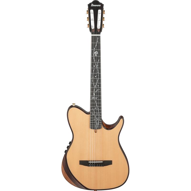 ■商品紹介Tim Hensonモデル新製品！2026年9月末頃順次入荷予定！・ギター・インスト・ジャンルをけん引し続けるバンド：Polyphiaのギタリスト、Tim Hensonモデル！・チェンバード構造のボディやFishmanのサウンド・システムを装備した新モデル・サイドポート（側面孔）を装備したFRシェイプ・チェンバード（くりぬき）構造ボディシングルカットのIbanezオリジナルFRシェイプを基に、サイド・サウンド・ポートを備えた独自のチェンバード（くりぬき）構造の薄型ボディです。この構造ならではの芯の有るサウンドとタイトな音色、さらに豊かな低音からクリアな高音まで驚くほど幅広い周波数特性を実現しています。TOPはフレイムドメイプル材、クラシック・ギターでは一般的なファン・ブレーシングを備えています。・46mm幅ナット / 400mmR指板ナット幅は一般的なクラシック・ギターとエレキ・ギターの中間、指板には400mmのRを付けています。Timのようなエレクトリック・ギター・プレイヤーの演奏を想定し、スムーズなフィンガリングを実現するためにクラシック・ギターとは一線を画すスペックとしました。また、ナイロン・エレクトリック・ギターという新しいカテゴリを拓く本機は、バズ音すら厭わない（一般的なクラシック・ギターと比べると）やや低めの弦高設定を選択しています。・Tree of Death指板インレイIbanezを象徴する指板インレイと対を成すかのようなネーミングとデザインは、Tim本人の発想で実現したTODモデルを象徴する特別なスペックです。・Fishman Aura Custom Tim Henson System（プリアンプ＆ピックアップ）Fishman AuraテクノロジーとFishman Acoustic Matrix アンダーサドル・ピックアップを組み合わせたカスタム仕様のシステムです。ピックアップから得たサウンドからあたかもスタジオでマイク録音したようなレスポンスを生成し、両者をシームレスにブレンドすることで、鮮やかでナチュラルなアコースティック・サウンドを実現します。またステレオ出力機能により、ピエゾ・ピックアップとボディ・ピックアップの信号を1つの出力ジャックから独立して出力可能です。Auraのイメージ・ブレンド機能と組み合わせることで、ナチュラル且つアコースティックな深みのある、豊かで立体的なナイロン弦トーンを実現しています。（9Vアルカリ電池駆動）※画像はサンプルです。製品の特性上木目は一本一本異なります。■仕様詳細Body Shape：FRH chamberedTop：Solid Sitka SpruceBack & Sides：Solid Okoume back & Solid OkoumeBracing：Fan Bracing for Chambered FRH bodyBody binding：Rosewood body bindingNeck：C Shape / Nyatoh Set-in neckFretboard：EbonyBridge：Ebony double hole bridgeInlay：Tree of Death inlayTuning Machine：Gold Classical tunersNut Material：Plastic nutSaddle Material：Plastic saddlePickup：Fishman(R) Acoustic Matrix Undersaddle Pickup， Fishman(R) Bridge Mounted Body PickupPreamp：Fishman(R) Aura(R) Custom Tim Henson SystemOutput Jack：1/4 Output (Mono or Stereo)Scale :651mm/25.6NUT Width：46mmティム・ヘンソン シグネイチャーGigbag 付属検索キーワード：イケベカテゴリ_アコースティック・エレアコギター_エレガット_Ibanez_新品 SW_Ibanez_新品 JAN:4549763398833 登録日:2026/07/01 エレアコ アイバニーズ イバニーズ