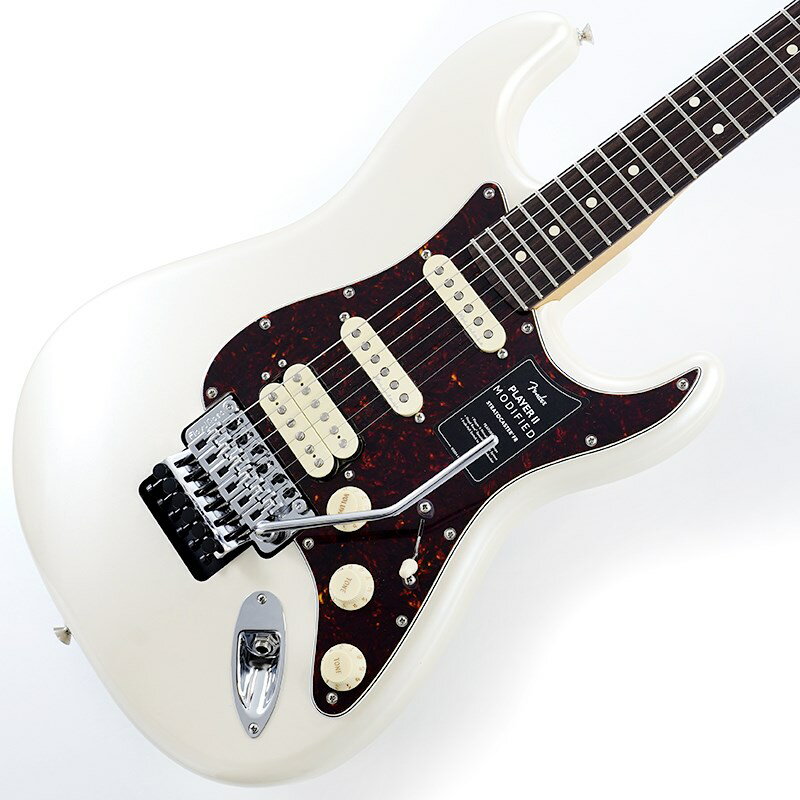 ■商品紹介Fender Mexico Player II Modified Series現代のギタリストやベーシストのための主要なアップグレードが施されたPlayer II Modifiedは、あなたのパフォーマンスを次のレベルに引き上げてくれる多用途な製品をラインアップしています。Player II Modified Stratocaster HSS Floyd Roseは、モダンプレイヤーを念頭に置いて設計されたクラシカルなギターです。Modern Cネックシェイプ、シルキーなサテンウレタンフィニッシュを施したネックバック、12インチラジアスのスラブローズウッド指板、滑らかにロールオフ処理された指板エッジ、22本のミディアムジャンボフレットなど、ネックに注がれたすべてのディテールが、高速で流れるようなプレイアビリティをサポートします。アルダーボディはフェンダーらしいパンチのあるトーンが特徴で、様々な新しいカラーフィニッシュが用意されています。Player IIハムバッカーは明瞭度の高いパワフルなサウンドを提供し、Player II Noiselessピックアップは、不要なノイズを抑制しながら、クラシックなストラトの煌びやかなトーンを奏でます。トーン2ノブに備えられたプッシュ／プルスイッチ機能は、ハムバッカーをコイルスプリットし、シングルコイルとして使用することも可能です。Floyd Rose Specialトレモロはアグレッシブなアーミングを行っても、チューニングの安定性を堅牢に維持します。※画像はサンプルです。製品の特性上、杢目、色合いは個体ごとに異なります。■仕様詳細Body Material: AlderBody Finish: Gloss PolyesterNeck: Maple， Modern CNeck Finish: Satin UrethaneFingerboard: Rosewood， 12 (305 mm)Frets: 22， Medium JumboPosition Inlays: White Dot (Rosewood)Nut (Material/Width): Floyd Rose R3 Locking， 1.6875Tuning Machines: Standard Cast/SealedScale Length: 25.5 (64.77 cm)Bridge: Floyd Rose Special Double-Locking TremoloPickguard: 3-Ply Black/White/Black or 4-Ply TortoiseshellPickups:Player II Modified Humbucker (Bridge)Player II Noiseless Strat (Middle)Player II Noiseless Strat (Neck)Pickup Switching: 5-Position Blade:Position 1. Bridge PickupPosition 2. Bridge and Middle PickupPosition 3. Middle PickupPosition 4. Middle and Neck PickupPosition 5. Neck PickupAuxiliary Switching: Push/Pull Pot On Tone 2 For Coil Split on Humbucking PickupControls: Master Volume with Treble-Bleed， Tone 1. (Neck/Middle Pickups)， Tone 2. (Bridge Pickup)Control Knobs: Aged White Plastic or Parchment PlasticHardware Finish: Nickel/ChromeStrings: Fender USA 250L Nickel Plated Steel (.009-.042 Gauges)， PN 0730250403Case/Gig Bag: Included: Deluxe Gig Bag検索キーワード：イケベカテゴリ_エレキギター_STタイプ_Fender MEX_Player_新品 SW_Fender MEX_新品 JAN:0885978777617 登録日:2025/04/29 エレキギター フェンダー ふぇんだー フェンダーMEX フェンダーメキシコ