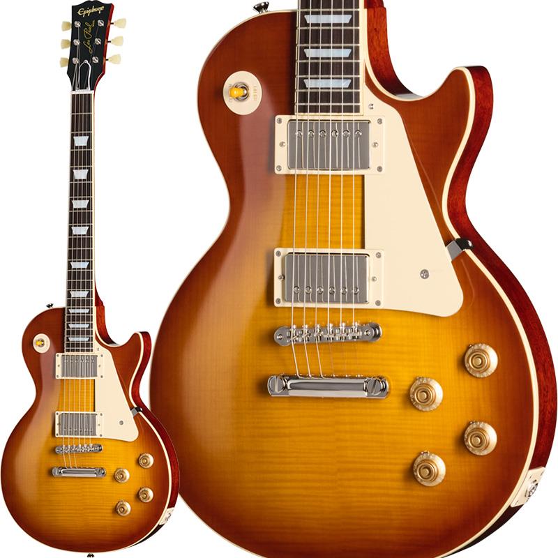■商品紹介Epiphone SUMMER Fair！8/31までEpiphoneブランドの新品楽器本体をご購入で、Gibson Brandsノベルティグッズをプレゼント！！先着順・少数のためお急ぎください！　夏より「熱い」サウンドを、ぜひその手に！！　※無くなり次第の終了となります。ご注文時点で終了の際はご容赦下さいませ。ーーーーーーーーーーーーーーーーーーーーーーーーー伝説的な名器へのオマージュ、ローズウッド指板を採用した1959 Les Paul Standard Reissueが登場！1959年製のGibson Les Paul Standardは、ピーター・グリーン、カーク・ハメット、ジョー・ボナマッサといった伝説的なプレイヤーたちに愛され、今なお価値のあるヴィンテージギターのひとつであり続けています。後年に続く1960年モデルと類似点があるものの、59年モデルはやや厚みのある1959ラウンド・ミディアムCネック・プロファイルによって一線を画しています。この仕様は、1960 Les Paul Standardのよりスリムなスリムテーパープロファイルよりも、多くのギタリストに好まれています。エピフォンは、これら希少なオリジナル・モデルへのオマージュとして、1959 Les Paul Standard Reissueをリリースします。ギブソン・カスタムショップとのコラボレーションにより開発された本モデルは、時代を超越したルックスとフィール、そしてステージで即戦力となるパフォーマンスを提供します。1959 Les Paul Standardをアイコニックな存在たらしめた、あらゆるディテールが搭載されています。卓越した安定性とサステインを実現するロング・ネック・テノンを採用したワンピース・マホガニー・ネック、オーセンティックな1959ラウンド・ミディアムCプロファイル、そしてバインディングが施されたローズウッド指板。マザー・オブ・パールのトラぺゾイド・インレイ、エイジド加工が施されたマザー・オブ・パールのエピフォン・ヘッドストック・ロゴ、 そして伝統的なギブソンスタイルのオープンブック・ヘッドストックに映えるゴールドのレスポール・モデル・シルクスクリーンが、ヴィンテージの風格をいっそう高めています。サイドのドット・マーカーのサイズや配置に至るまで、オリジナル・モデルを忠実に再現しています。ソリッド・マホガニー・ボディのトップにはカーブド・メイプル・キャップ、 そして美しいAAAフレイム・メイプル・ヴェニアがあしらわれています。エレクトロニクスには、アルニコ3マグネットを使用した2基のUSA ギブソン・カスタムバッカー・ハムバッカーを搭載。CTSポット、ブラックビューティー・ペーパー・イン・オイル・コンデンサー、 そしてトグルスイッチと1/4インチ・アウトプット・ジャックに採用されたSwitchcraftパーツへと手作業で配線されています。オーセンティックな経年変化の風合いを再現したヴィンテージ・グロス・フィニッシュで仕上げられ、エピフォン・デラックス・シングルリング・キーストーン・チューナーをはじめとするニッケル・ハードウェアがその外観を引き締めています。Inspired by Gibson Customのグラフィックが施され、内装にピンクのプラッシュ素材を用いたブラウンのハードシェルケースが付属します。※画像はサンプルです。製品の特性上、杢目、色合いは個体ごとに異なります。■仕様詳細BodyBody Material: MahoganyBody Top: Maple with AAA Flamed Maple VeneerBinding: Single Ply Cream， Top and FretboardNeckNeck Material: One Piece MahoganyProfile: 1959 Rounded C MediumNut width: 1.69 / 43mmFingerboard: RosewoodScale length: 24.75 / 628.65mmNumber of frets: 22Nut: Graph TechInlay: Mother-of-Pearl TrapezoidHardwareBridge: ABR-1 Tune-O-MaticTailpiece: Historical Aluminium TailpieceTuners: Epiphone Deluxe， Single Ring Keystone ButtonPlating: NickelElectronicsNeck Pickup: Gibson CustombuckerBridge Pickup: Gibson CustombuckerControls: 2 Volume， 2 Tone; CTS Potentiometers， Bumblebee paper-in-oil capacitorsハードケース付属検索キーワード：イケベカテゴリ_エレキギター_レスポールタイプ_Epiphone_レスポール_新品 SW_Epiphone_新品 JAN:4570156017970 登録日:2026/06/17 エレキギター エピフォン レスポール