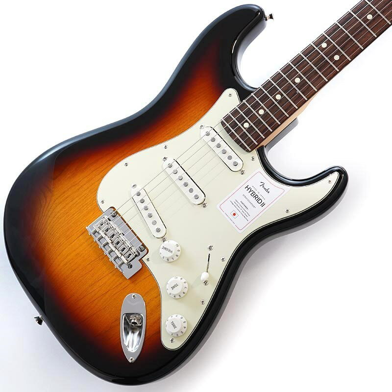 ■商品紹介Fender Made in Japan Hybrid II SeriesMade in Japan Hybrid IIは、ヴィンテージなルックスはそのままに、プレイヤーや音楽のジャンルを選ばないオールマイティーなモダンスペックを盛り込んだ、まさに「ハイブリッド」と呼ぶにふさわしいシリーズです。 リズム/リード問わず、どのギタリストやベーシストにもフィットする演奏性と楽器のトーンを兼ね備えた製品を、世界的にファンの多いMade in Japanで実現しました。Hybrid II Stratocasterは、定評あるアルダーボディに新設計のHybrid II Custom Voiced Single Coilピックアップを装備し、ヴィンテージスタイルサドル付きの2点支持トレモロシステムを搭載。ヴィンテージロッキングチューナー、Modern Cシェイプにサテンフィニッシュのネック、9.5インチラジアスの指板とナロートールフレットがスムーズなプレイヤビリティを提供します。※画像はサンプルです。製品の特性上、杢目、色合いは個体ごとに異なります。■仕様詳細Series: Made in Japan Hybrid IIBody Material: AlderBody Finish: Gloss PolyurethaneNeck: Maple， Modern CNeck Finish: Satin Urethane Finish on Back， Gloss Urethane Finish on FrontFingerboard: Maple or Rosewood， 9.5 (241 mm)Frets: 22， Narrow TallPosition Inlays: Black Dot (Maple)， White Dot (Rosewood)Nut (Material/Width): Bone， 1.650 (42 mm)Tuning Machines: Vintage-Style LockingScale Length: 25.5 (648 mm)Bridge: 2-Point Synchronized Tremolo with Vintage-Style Stamped Steel SaddlesPickguard: 3-Ply Black or 3-Ply Eggshell or 3-Ply Mint Green or 4-Ply TortoiseshellPickups:Hybrid II Custom Voiced Single Coil Stratocaster (Bridge)Hybrid II Custom Voiced Single Coil Stratocaster (Middle)Hybrid II Custom Voiced Single Coil Stratocaster (Neck)Pickup Switching: 5-Position BladePosition 1. Bridge PickupPosition 2. Bridge and Middle PickupPosition 3. Middle PickupPosition 4. Middle and Neck PickupPosition 5. Neck PickupControls: Master Volume， Tone 1. (Neck Pickup)， Tone 2. (Bridge/Middle Pickup)Control Knobs: EggshellHardware Finish: Nickel/ChromeStrings: Nickel Plated Steel (.009-.042 Gauges)ソフトケース付属検索キーワード：イケベカテゴリ_エレキギター_STタイプ_Fender Made in Japan_Hybrid II Stratocaster_新品 SW_Fender Made in Japan_新品 JAN:0885978544783 登録日:2024/05/30 エレキギター フェンダー ふぇんだー フェンダージャパン フェンジャパ フェンダーJ ストラト ストラトキャスター
