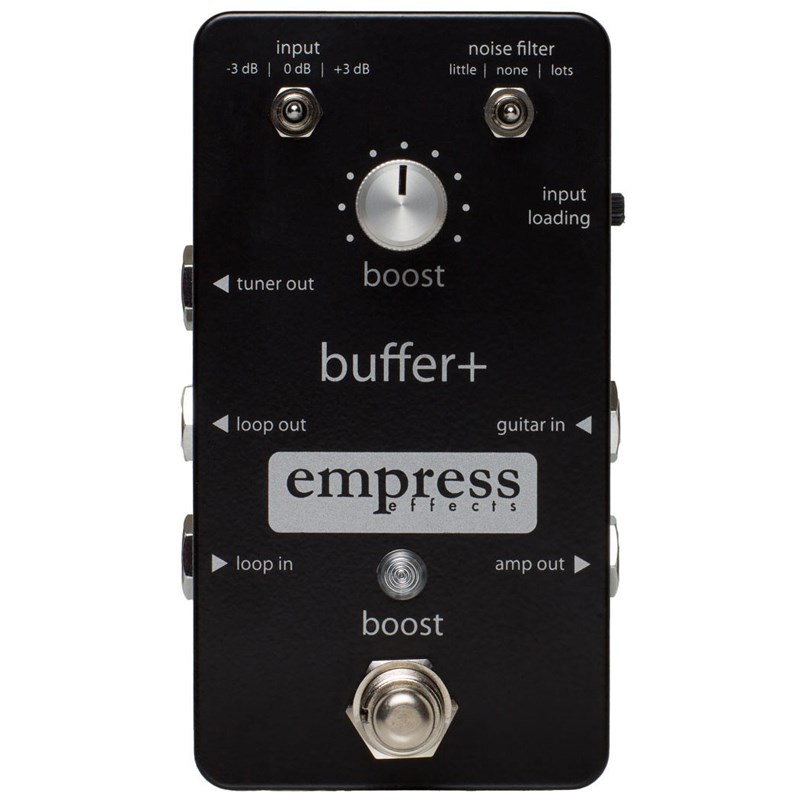 ■商品紹介Empress Effectsのbuffer/buffer+はペダルボードの完璧なI/Oインターフェースとして機能し、最高レベルのギター信号が得られるようデザインされています。ギターケーブルの引きまわしによる音質劣化は、ハイエンドなサウンドを求めるギタリストにとって永遠の課題です。Empress Effectsのbufferを使用すれば信号ロスを防ぎ、ケーブルによるトーンの変化をなくします。またEmpress Effects buffer を使用すれば、あなたのペダルボードのすべてのコネクションを整合し、セットアップを素早く、簡単に行えるようになります。プロオーディオ並の高音質設計をどのペダルにも貫いているEmpress Effectsならではのパーフェクト設計が魅力です。buffer+では、ノイズフィルター、入力PAD、フットスイッチでオン/オフ可能なクリーンブースト、入力ロード調整、チューナーミュート機能など、数々のパワフルなツールもご利用いただけます。検索キーワード：イケベカテゴリ_エフェクター_ギター用エフェクター_プリアンプ_Empress Effects_新品 SW_Empress Effects_新品 JAN:4560482823307 登録日:2018/03/20 エフェクター コンパクトエフェクター ストンプボックス