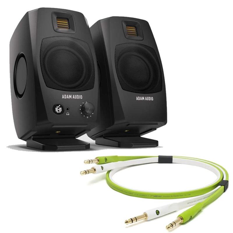 ■商品紹介ディスクトップモニタースピーカーの決定版「D3V」の音質をさらに向上させる高音質「オヤイデ製アナログTRSケーブル」セット！DTM，DAW、レコ—ディンモニターのオーディオ出力向上にぜひ！【セット内容】・ADAM D3V Black （JAN:4260113135280）・Oyaide d+ TRS class B （TRS - TRS） 【1.0m】 （JAN:4582387106934）【ADAM D3V】★最小のアダム誕生★ディスクトップ最高峰のサウンド！！ADAM Audioのサウンドを最小サイズで実現するモニタースピーカー『ADAM Audio D3V』誕生D3Vは、ADAM Audioの高品質なサウンドをPC環境で楽しみたいアーティストや作曲家、コンテンツ・クリエーター、そして音楽ファンのために作られた、デスクトップ用のコンパクトなモニタースピーカーです。ドイツの伝統的なインダストリアルデザインを取り入れ、アダムの象徴である金色のリボンツイーターを搭載しています。カラーはブラックとホワイトの2色から選べます。各スピーカーには、80Wアンプで駆動される3.5インチのアルミウーファー（フェライトマグネット採用）とパッシブラジエーター（両サイドに3.5インチ）を搭載し、45Hzまでに至る驚異的な低音を再生できます。高音の再生には、ADAM Audioの25年にわたるリボンツイーター開発の経験を活かした1.5インチのD-ARTツイーター（Desktop Accelerated Ribbon Tweeter）を搭載し、ADAM Audioのサウンドとして定評のある正確で耳が疲れにくいサウンドを提供します。アンプ内蔵型のD3VはUSB-C入力も備えており、直接PCに接続するだけで音楽を再生できます。また、モバイルデバイスともUSB-C経由で簡単に接続できるため、PCやオーディオインターフェースがなくても、音質の劣化なく高音質な音楽再生を楽しめます。さらに、USBデジタル入力に加えて、1/4インチのTRSバランス入力も備えており、アナログ機器の接続も可能です。左スピーカーの背面には、部屋やデスクサイズに合わせたDSP音響補正が可能なスイッチがあり、前面にはボリュームノブとヘッドフォンジャックがついています。ボリュームノブはオーディオ入力の切替やミュートの設定など、複数機能のコントロールに対応しています。D3Vには、リスナーの耳にスピーカーを向けるための取り外し可能なスタンドが付属しています。また、底面にはマイクスタンド用のネジ穴があるため、市販のマイクスタンドに取り付けることもできます。■機能詳細アダムサウンドを凝縮した正確で音楽的な再生能力独Klippel社による高性能なスピーカー測定システムを導入して設計が最適化されたD3Vは、非常に対称的なボイスコイルとフェライトマグネットを備えており、不要な歪みを最小限に抑え、ウーファーのリニアな動作を実現します。厚みのあるアルミニウムで作られた一体型の凹型コーンは、広くてリニアな動作範囲を持つため、非常に高い出力レベルでも色付けのないサウンドを提供します。D3Vは、4つの独立したアンプチャンネルと、DSPで管理されたクロスオーバーを備える、フルアクティブ設計のスピーカーです。ウーファーは80Wのアンプで駆動され、リンクケーブルを通じて右スピーカーに増幅された信号が送られます。四半世紀に及ぶアダムの研究開発が生み出したD-ARTツイーター四半世紀に及ぶADAM Audioのリボンツイーターの研究開発の成果として、高性能な1.5インチのD-ARTツイーターが誕生しました。ダイアフラムは手作業で折りたたまれ、40Wのアンプで各ユニットが駆動されます。ADAM Audioの他シリーズで採用されているツイーターと同様に、D-ARTは非常に精度の高いDSPによってクロスオーバーの調整が行われています。サイズを超えた驚異的な低域の再現D3Vは各スピーカーにパッシブラジエーターを2基搭載しており、システム全体で合計4つのラジエーターが低域再生を支えます。各ラジエーターは、稼働質量を最適化するためにステンレス鋼板が使われており、サスペンションには特別に安定化されたロングストロークのラバーエッジが採用されています。これにより、メインウーファーとの相互作用でディープな低域までしっかりと伸びる周波数応答を実現し、システム全体のSPLにも貢献しています。USB-C接続で簡単・高音質再生D3Vは、USB-Cによるプラグ・アンド・プレイ接続を採用し、ADAM Audioのスピーカーの中で最も使いやすいモニタースピーカーです。パソコンやスマートフォン、タブレットにダイレクトに接続するとDAコンバーターとして機能するので、オーディオインターフェースは不要です。このデジタル接続により、従来のデスクトップ型モニタースピーカーで発生する圧縮や変換なしで、高音質なオーディオ再生が可能です。DSP音響補正で、あなたの部屋を正確なリスニング環境へ左スピーカーの背面には、正確なリスニング環境を実現するための3つのスイッチがあります。「POSITION」はスピーカーの部屋内での位置、「DESK」はスピーカー前の机のサイズ、「ROOM」は部屋の吸音処理の有無を考慮し、簡単なスイッチ操作で音を最適化することができます。バランス型アナログ入力による、更なる拡張性D3VはUSB-C入力に加え、バランス型のアナログ入力も備えており、従来のアナログオーディオ再生にも対応しています。オーディオインターフェースのバランス出力だけでなく、シンセサイザー、ドラムマシン、サンプラー、DJミキサーなどのハードウェアのアナログ出力信号を直接接続することができます。USB-C入力とアナログ入力の切り替えは、左スピーカーのボリュームノブを押すことで行えます。利便性の高いヘッドフォン出力と付属スタンドD3Vは、機能性と利便性を追求して設計されています。フロントパネルのヘッドフォン出力にヘッドフォンを接続すると、再生音が自動的にヘッドフォンに切り替わります。また、15度の傾斜が可能な取り外し可能なモニタースタンドが付属しています。さらに、各スピーカーの底面には3/8インチの標準ネジ穴があり、マイクスタンドに取り付けることもできます。Designed in Germany - 音を追求した機能美D3Vのエンクロージャーは、高品質の射出成型ABSポリカーボネートで作られており、厚みのある壁と十分な補強材によって振動や不要な共鳴を防ぎます。丸みを帯びた形状は、高音域での不要な音の回折を減らし、アダムの長年にわたるインダストリアルデザインの伝統を受け継いでいます。■保証2年間の標準保証My ADAMユーザーエリアで登録すると5年間の保証に延長可能■同梱物・D3V 右モニター 1台・D3V 左モニター 1台・D3V アングルスタンド 2個・D3V デスクトップパッド 6枚・2メートルのラウドスピーカーリンクケーブル 1本・D3V 電源ユニットおよび電源ケーブル 1本・1メートルのUSB-C to USB-C ケーブル 1本・USB-C to USB-A アダプター 1個・クイックスタートガイドおよび安全・警告シート【Oyaide d+ TRS class B （TRS - TRS）】★多彩な音楽環境に対応する次世代ケーブル★優れたサウンドクオリティーと洗練されたデザインにより世界中のアーティスト達に愛されているd+ シリーズにXLR とTRS のラインナップがclass B シリーズに登場しました。これによりミキサー/ オーディオインターフェィス/ アクティブスピーカー/ アンプ/ シンセサイザー/ キーボード/ エフェクターなど様々な接続に使用でき、サウンドプロダクション環境で優れた音声伝送経路を均一化して構築することが可能になります。d+ シリーズはデジタル機器を有する現代のシステムに適応させるため、素材のコンビネーションを重視し、且つ余計なものを排除したシンプルな構造で設計したケーブルです。Class B シリーズは極太の18AWG 高純度OFC バランスケーブルを採用することで、伝送の音痩せを軽減させ、立体感のあるサウンドと濃密な情報量をもたらします。 またフラット構造により線間による干渉を防ぎ歪みのないクリーンなサウンドを再生します。そしてライブやプロダクションでのユーザビリティーを考慮し、ソフトPVC 外装とステレオスプリットケーブル仕様を採用。使いやすく、取り回しも容易です。さらに高級ケーブルに引けを取らない仕様でありながらも、何本もケーブルを使用するプロダクション環境でバジェットを圧迫しない優 れたコストパフォーマンスを誇ります。ライブやDJ はもとより、制作、リスニング環境などにも適した次世代音声ケーブルです。●仕様ケーブル仕様：反転同心撚りフラットケーブル構造/19AWG 高純度OFC 導体/PE 絶縁体/ ソフトPVC アウター検索キーワード：イケベカテゴリ_レコーディング_モニタースピーカー_モニタースピーカー_ADAM_新品 SW_ADAM_新品 登録日:2026/02/21 モニタースピーカー スタジオモニター アダム アダムオーディオ