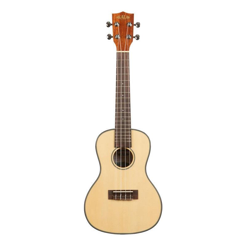■商品紹介スプルース×マホガニー。明瞭な響きと気品あるコントラスト。澄み渡るような明るいトーンが特徴の「ソリッド・スプルース」をトップ材に、温かみのある「マホガニー」をサイド＆バックに採用した、表現力豊かなモデルです。スプルース特有の透き通るような白い木肌と、マホガニーの素朴な質感が絶妙にマッチし、シンプルながらも洗練された美しさを放ちます。この組み合わせは、音の立ち上がりが非常に良く、一音一音がハッキリと響くのが魅力。ストロークでは歯切れよく、指弾きでは繊細なニュアンスをしっかりと拾ってくれるため、幅広いジャンルの演奏にマッチします。【洗練されたディテール】グロスフィニッシュ：艶やかな光沢仕上げが、スプルースの白さをよりいっそう引き立てます。ブラック・バインディング：ボディの縁取りをブラックで引き締めることで、モダンで都会的な印象を与えます。コンサートサイズ：ソプラノよりも音量に余裕があり、かつ抱えやすい。初心者の方から経験者の方まで、長く愛用できるスタンダードなサイズ感です。Kalaが提案する、この「エレガントなシンプルさ」。飽きのこないルックスと、弾くたびに心地よく響くクリアなサウンドは、毎日の演奏をより楽しいものにしてくれるはずです。■仕様詳細Specifications / 商品仕様サイズ： コンサート (Concert)トップ： スプルース単板 (Solid Spruce)サイド＆バック： マホガニー (Mahogany)バインディング： ブラック (Black)ネック： マホガニー (Mahogany)指板： ローズウッド (Rosewood)ヘッド形状： スタンダード (Standard)フィニッシュ： グロス (Gloss / 艶出し塗装)ナット＆サドル： Graph Tech NuBone(R)使用弦： Aquila Super Nylgut(R)ケース： ソフトケース付属Measurements / 詳細サイズ全長： 約608mm (23.9375)スケール（弦長）： 約376mm (14.8125)ボディー下部最大幅： 約210mm (8.25)ボディー厚み： 約70mm (2.75)ナット幅： 約36.5mm (1.4375)フレット数： 18フレット検索キーワード：イケベカテゴリ_ウクレレ_コンサート_KALA_新品 SW_KALA_新品 JAN:0810054341499 登録日:2026/03/30 ウクレレ コンサートウクレレ カラ