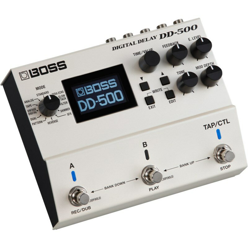 ■商品紹介音質、バリエーション、使いやすさ、すべてを究めたディレイ・ペダルBOSS DD-500シャープで精悍なボディに、先進のスペックと数々のアグレッシブな機能を凝縮。BOSSが考える次世代ディレイ・ペダルの新しいカタチ、それがDD-500です。最大の特長と言えるのが、入力から出力まで最高水準32ビット処理による高音質の実現。その艶やかなサウンド、また12ディレイ・モードによる音作りの深さと自由度、大型LCDや専用つまみによる使い勝手の良さも、次世代ディレイ・ペダルと呼ぶに相応しい仕上がり。ギタリストがディレイに求めるすべてを究めたDD-500。あとは、あなたの創造力を解放するだけです。32ビット処理の艶やかなサウンドその艶やかなサウンド、あふれる透明感には、ディレイに対するBOSS の強いこだわりが息づいています。ディレイ・ペダルとしては初めて、高品位32ビット化を徹底したDD-500。このスペックは、ギタリスト向けエフェクターの常識を大きく変える、まさに最高峰レベルのもの。他を寄せ付けない、桁違いのサウンド・クオリティを誇ります。12種類のディレイ・モードを搭載使い勝手のよい「STANDARD」から、アナログ・ディレイの銘機をモデリングした「ANALOG」のほか、「SHIMMER」などエフェクティブなサウンドも搭載。完成度の高いサウンドばかりを収録する一方、深さ、自由度ともに制約を感じさせない音作りで、サウンド・バリエーションの可能性は無限。インスピレーションをダイレクトに反映することができます。暗いステージでも見やすい大型LCD見やすさと、使いやすさ。ミスの許されないステージでは、ツールに必要不可欠な要素です。DD-500 は、グラフィック表示にも対応した大型LCD を搭載。驚くほど視認性が高く、パラメーター数値もひと目で把握できます。さまざまな操作が可能な3フット・スイッチサウンドのみならず、操作性までカスタマイズできるDD-500。バンク／パッチを切り替えられるA/B スイッチに加え、好みの機能が自由に割り当てられるTAP ／ CTL スイッチを搭載。例えば、楽曲のテンポを設定したり、踏んでいる間のみディレイ音を出力したり、2 系統のディレイを同時に使用するなど、自分仕様へ自由にカスタマイズ可能。高機能でありながら、操作ストレスとは無縁のディレイ・ペダルです。パーフェクトな連携をかなえるMIDI コントロールMIDI入出力端子の装備により、パッチの切り替えやパラメーターの値を外部MIDI機器からコントロールできます。特にエフェクツ・スイッチング・システムBOSS ES-8（別売）との組み合わせでは、パーフェクトな連携が実現します。またDD-500はUSB端子を備え、USB MIDIでのPC接続にも対応。さらには「フレーズ・ ループ」機能も搭載しています。■主な仕様● サンプリング周波数：96kHz● AD、DA 変換：32 ビット● 内部演算：32 ビット浮動小数点● ディレイ・モード（12 種類）：STANDARD、ANALOG、TAPE、VINTAGEDIGITAL、DUAL、PATTERN、REVERSE、SFX、SHIMMER、FILTER、SLOW ATTACK、TERA ECHO● 最大ディレイ・タイム：10 秒（ディレイ・モードによる）● フレーズ・ループ：○ 60 秒（96kHz ／ MONO、48kHz ／ STEREO）○ 120 秒（48kHz ／ MONO）、ディレイとの同時使用可● パッチ：○ 198（99 バンク×2［A］［B］）○ 297（99 バンク×3［A］［B］［C］）● ペダル：フット・スイッチ×3［ A］［B］［TAP/CTL］● つまみ：○ MODE○ TIME/VALUE○ FEEDBACK○ E.LEVEL○ TONE○ MOD DEPTH● ディスプレイ：グラフィックLCD（128×64 ドット、バックライト付き）×1● 規定入力レベル：INPUT A/MONO、B ＝ -10dBu● 最大入力レベル：INPUT A/MONO、B ＝ +8dBu● 入力インピーダンス：INPUT A/MONO、B ＝ 1MΩ● 規定出力レベル：OUTPUT A/MONO、B ＝ -10dBu● 最大出力レベル：OUTPUT A/MONO、B ＝ +8dBu●出力インピーダンス：OUTPUT A/MONO、B ＝ 2kΩ●推奨負荷インピーダンス：OUTPUT A/MONO、B ＝ 20kΩ 以上●バイパス：バッファード／ TRUE（リレー）・バイパス切り替え●接続端子：○ INPUT A/MONO、B 端子＝標準タイプ○ OUTPUT A/MONO、B 端子＝標準タイプ○ CTL 1，2/EXP 端子＝ TSR 標準タイプ○ USB COMPUTER 端子＝ USB タイプB　USB-MIDI○ MIDI（IN、OUT）端子○ DC IN 端子● 電源：アルカリ電池（単3 形）×4、AC アダプター● 消費電流：200mA● 連続使用時の電池の寿命（使用状態によって異なります）：アルカリ電池＝約7時間● 外形寸法：170（幅）×138（奥行）×62（高さ）mm● 質量（電池含む）：1.0kg● 付属品：取扱説明書、「安全上のご注意」チラシ、アルカリ電池（単3 形）×4、保証書、ローランド ユーザー登録カード● 別売品：○ AC アダプター（PSA-100）○フットスイッチ＝ BOSS FS-5U、FS-5L○デュアル・フットスイッチ＝ BOSS FS-6、FS-7○エクスプレッション・ペダル＝ BOSS FV-500H、FV-500L、Roland EV-5検索キーワード：イケベカテゴリ_エフェクター_ギター用エフェクター_空間系_ディレイ_BOSS_500 Series_新品 SW_BOSS_新品 JAN:4957054507275 登録日:2017/07/05 エフェクター コンパクトエフェクター ストンプボックス ボス